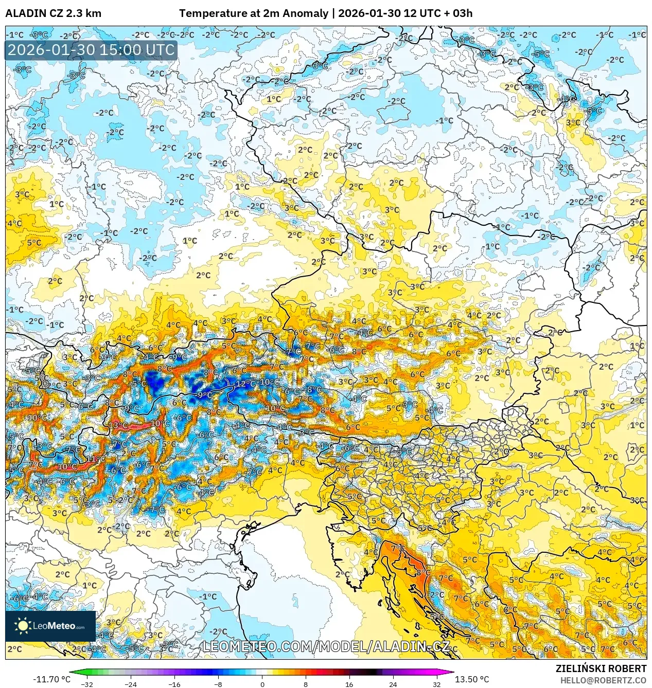 ALADIN CZ 2.3 km model - Austria, Temperature at 2m Anomaly