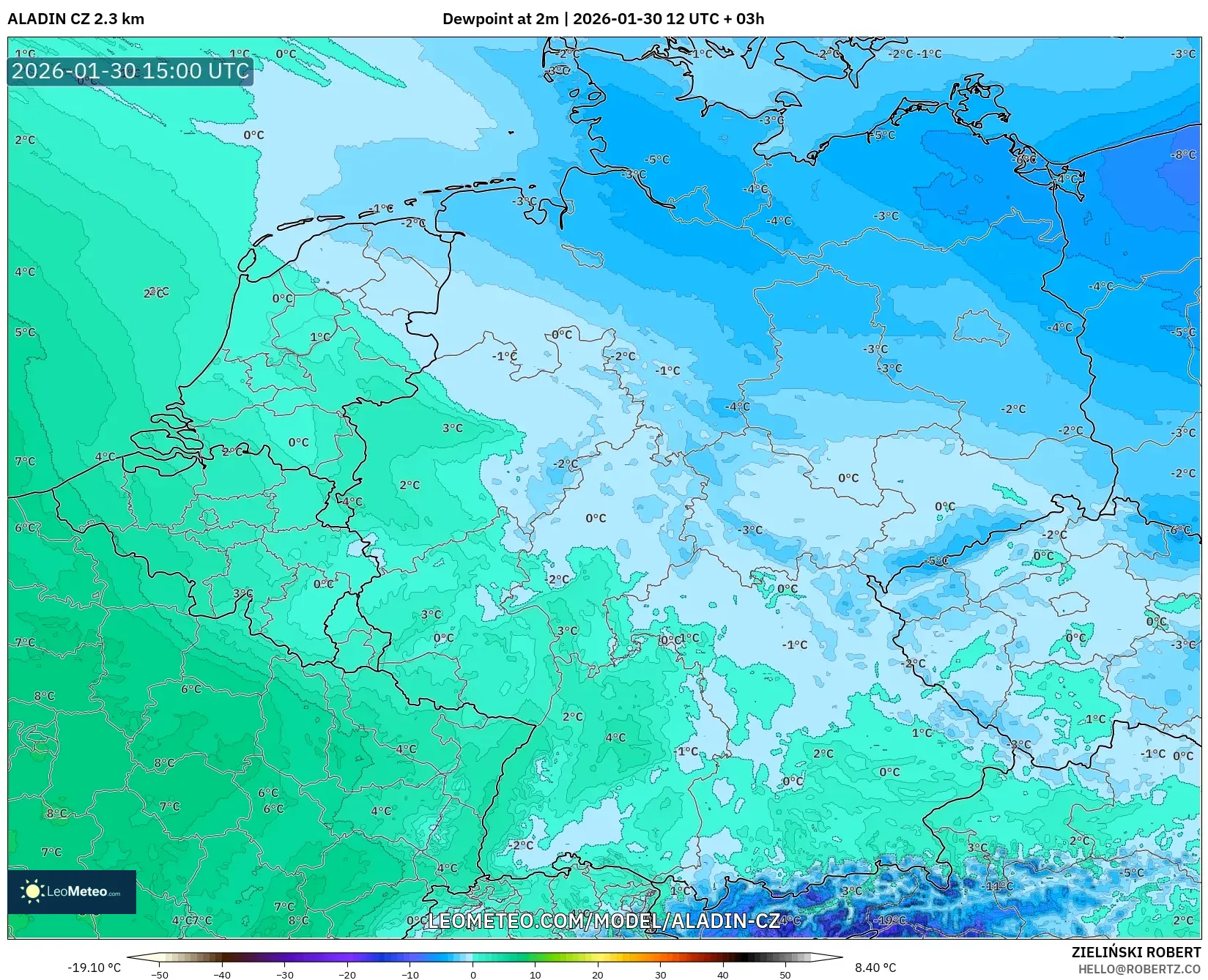 ALADIN CZ 2.3 km model - Germany, Dewpoint at 2m