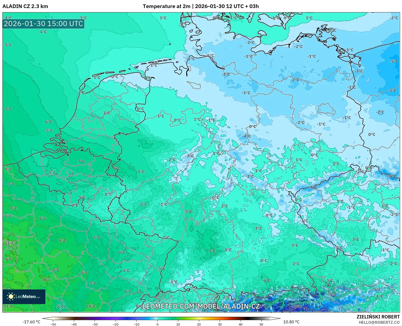 ALADIN CZ 2.3 km model - Germany, Temperature at 2m