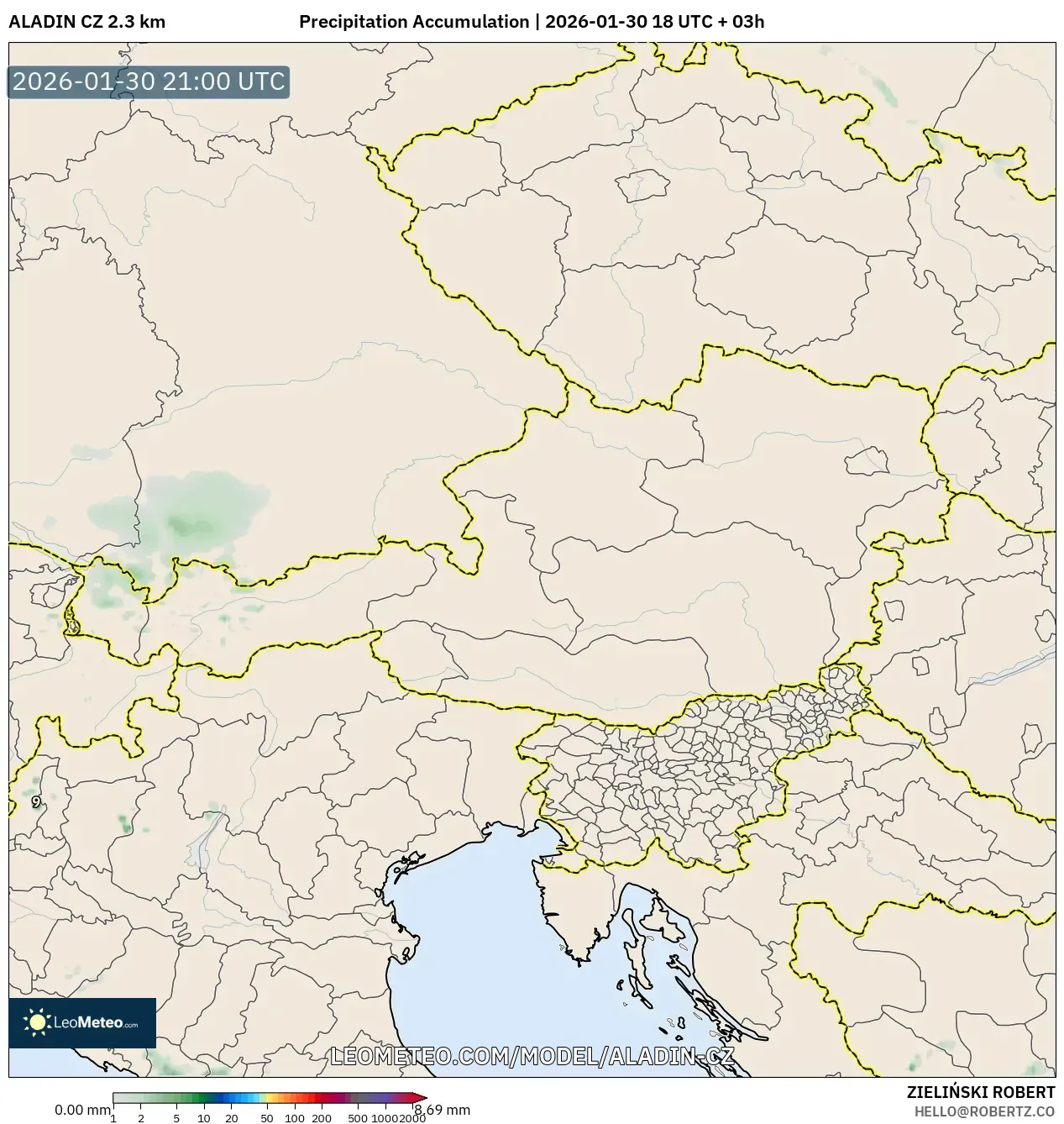 ALADIN CZ 2.3 km model - Austria, Precipitation Accumulation