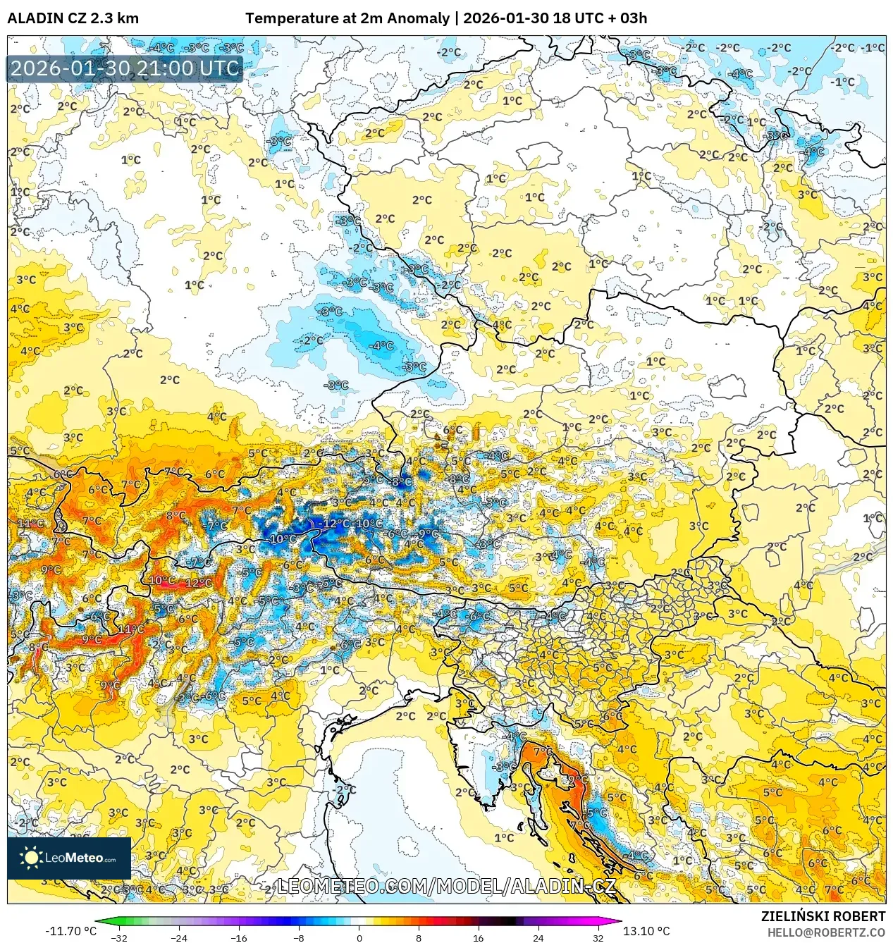 ALADIN CZ 2.3 km model - Austria, Temperature at 2m Anomaly