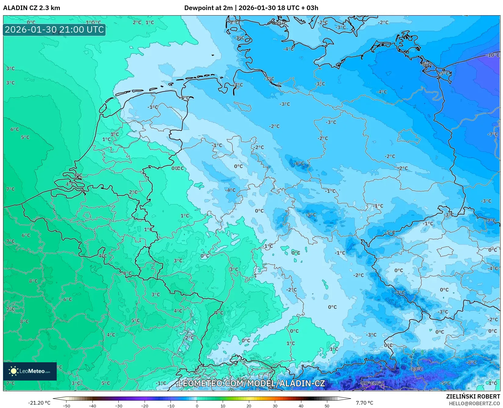 ALADIN CZ 2.3 km model - Germany, Dewpoint at 2m