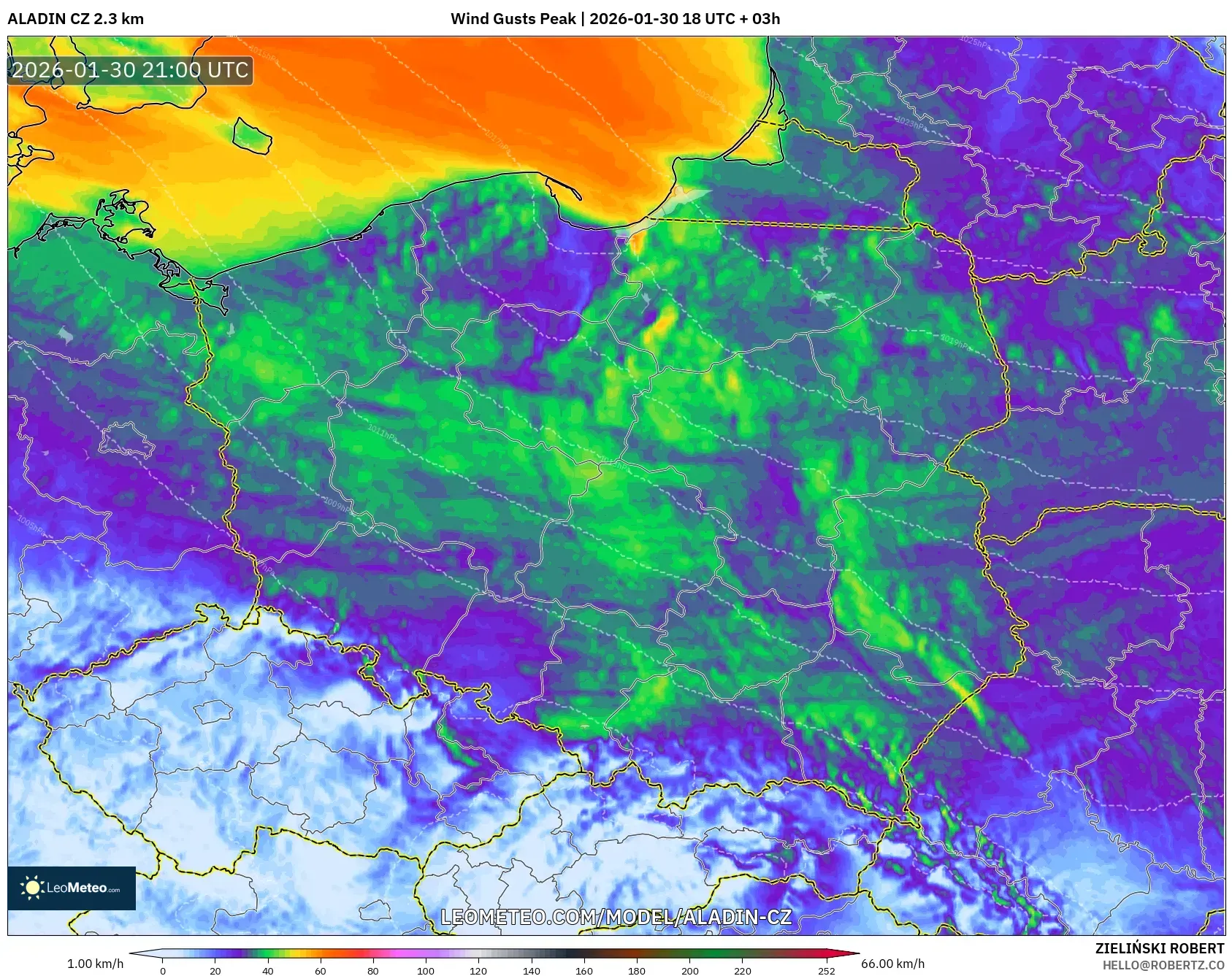 ALADIN CZ 2.3 km model - Poland, Wind Gusts Peak