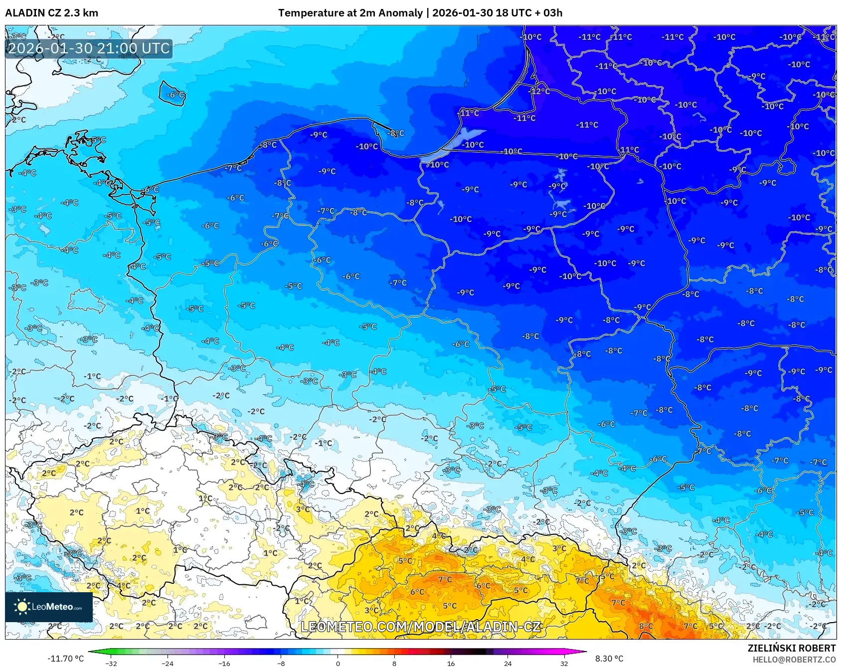 ALADIN CZ 2.3 km model - Poland, Temperature at 2m Anomaly