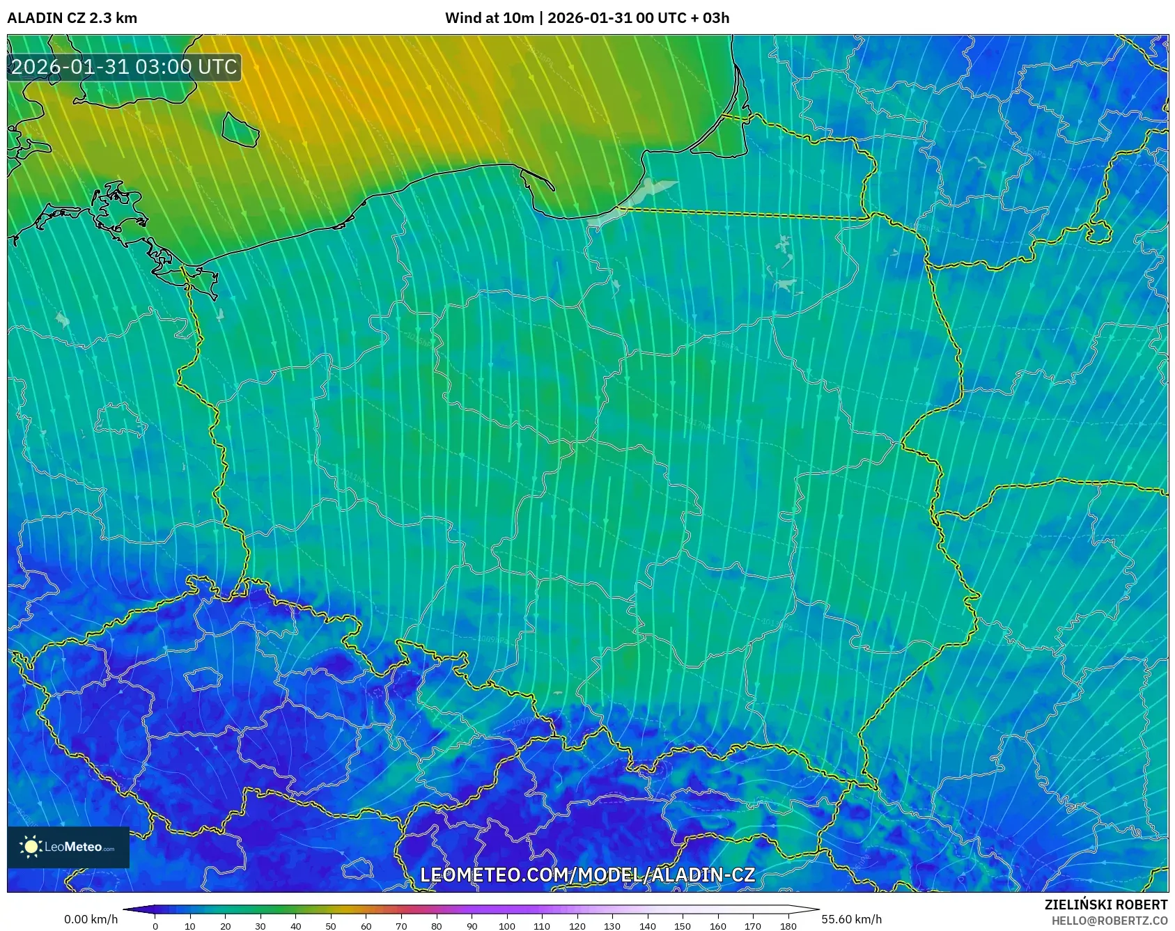 ALADIN CZ 2.3 km model - Poland, Wind at 10m