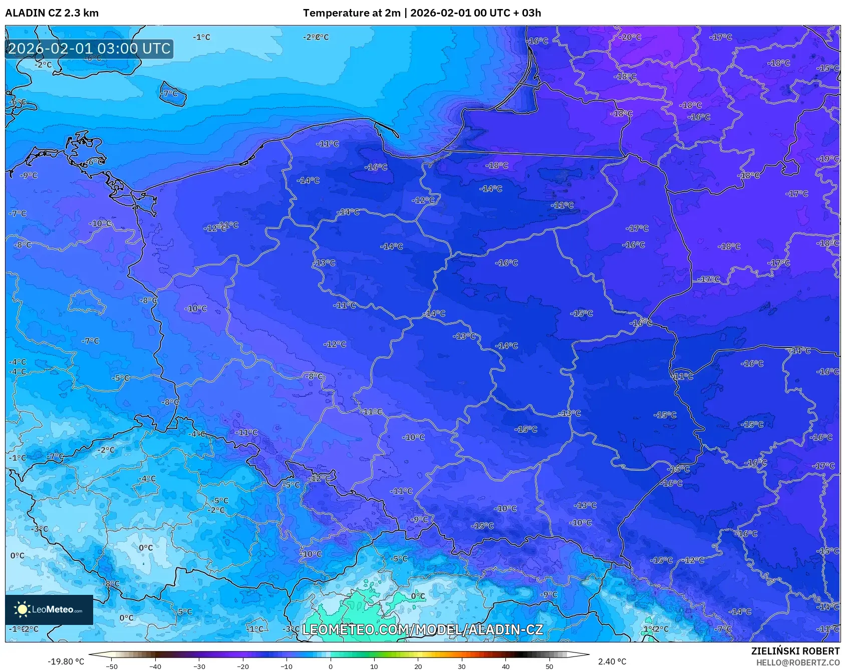 ALADIN CZ 2.3 km model - Poland, Temperature at 2m