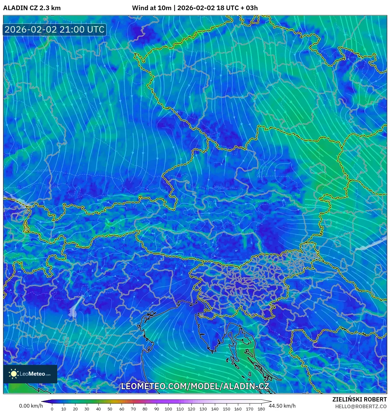 ALADIN CZ 2.3 km model - Austria, Wind at 10m