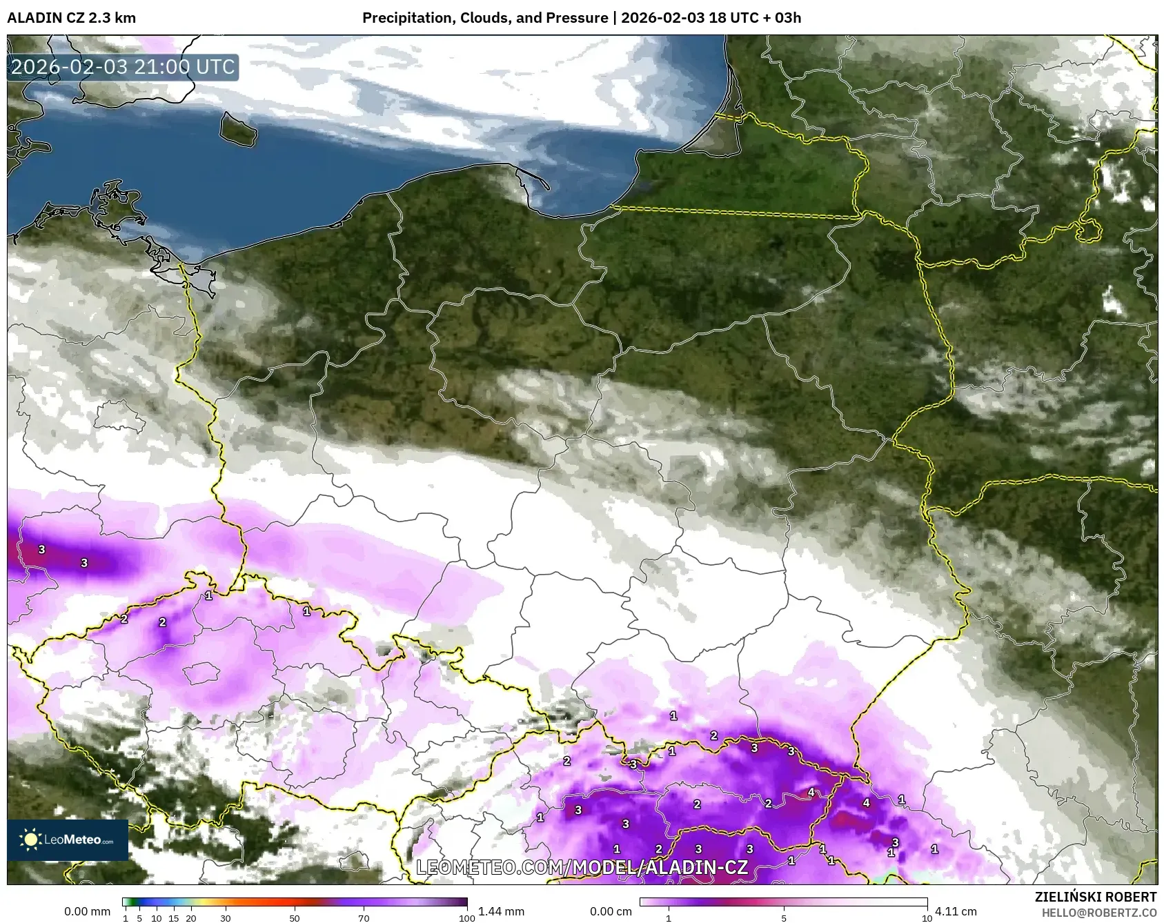 ALADIN CZ 2.3 km model - Poland, Precipitation, Clouds, and Pressure