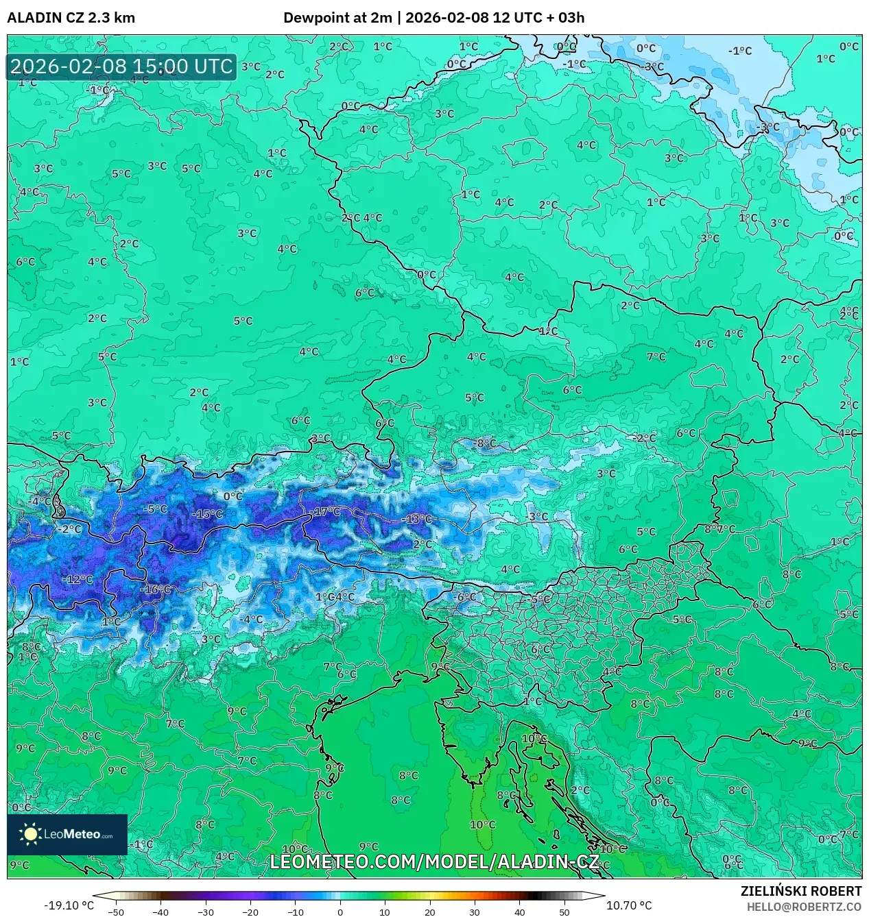 ALADIN CZ 2.3 km model - Austria, Dewpoint at 2m