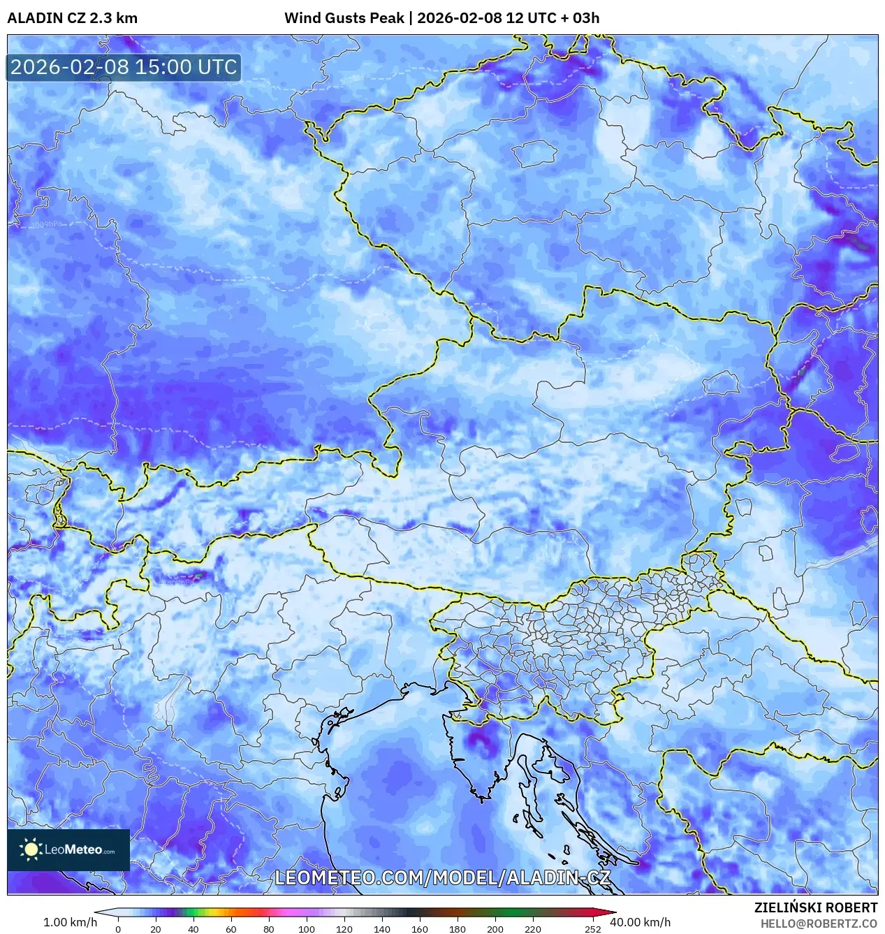 ALADIN CZ 2.3 km model - Austria, Wind Gusts Peak