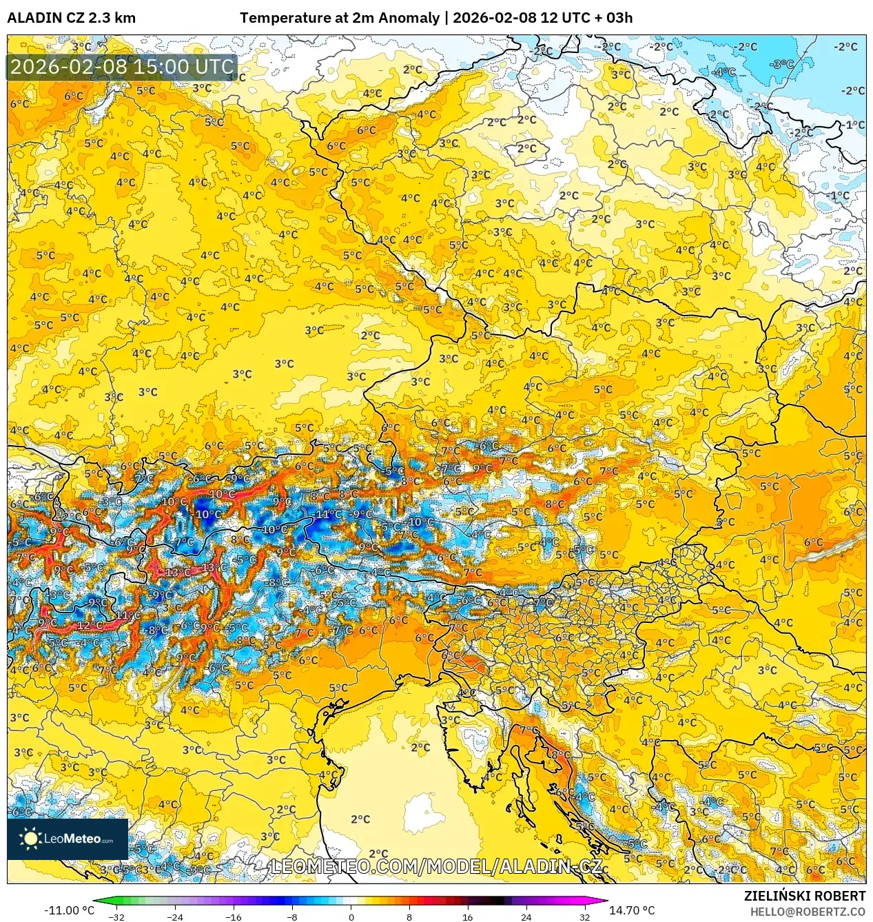 ALADIN CZ 2.3 km model - Austria, Anomali Suhu 2 m