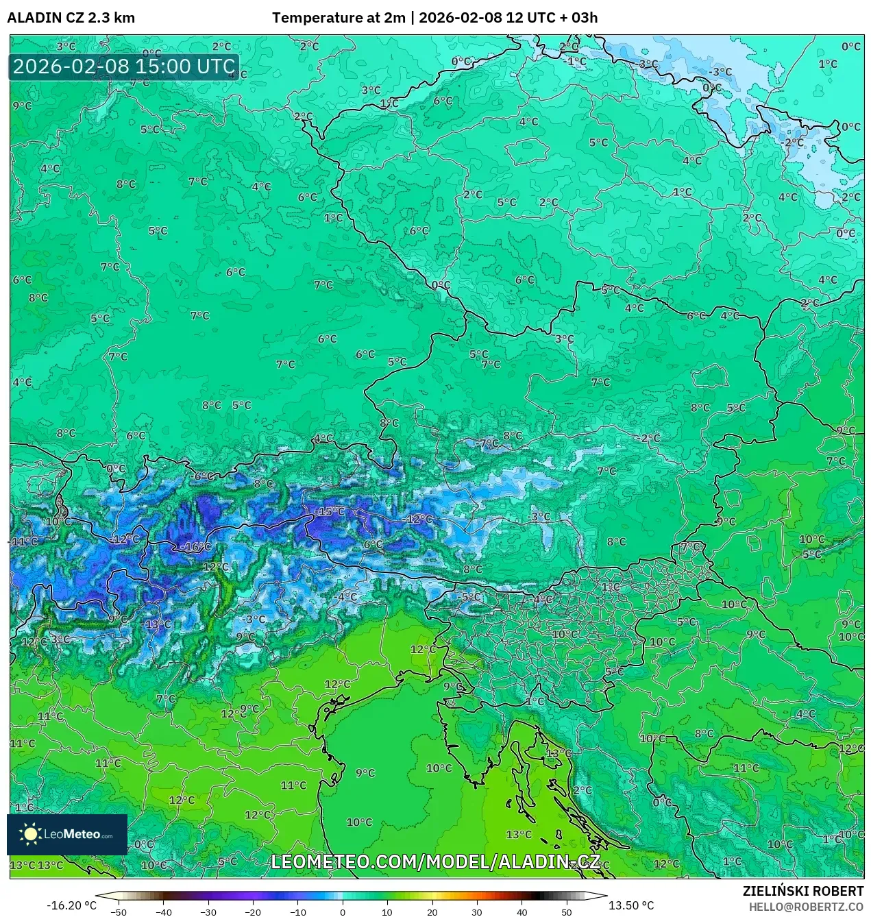 ALADIN CZ 2.3 km model - Austria, Temperature at 2m
