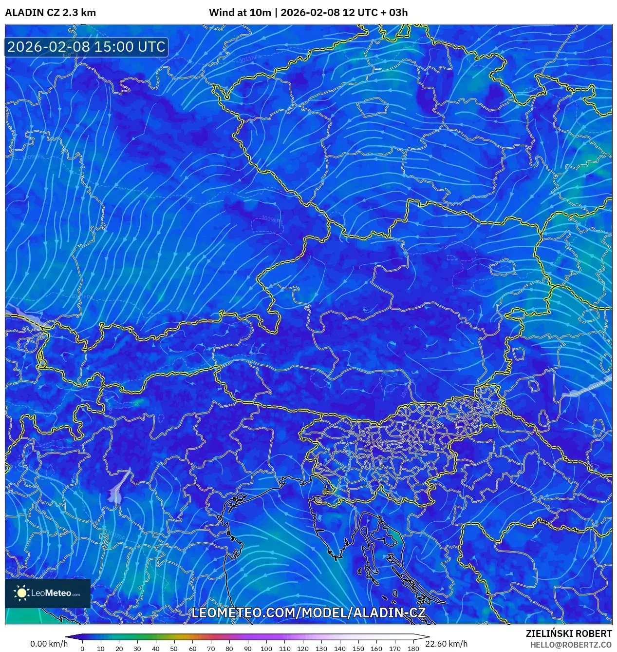ALADIN CZ 2.3 km model - Austria, Wind at 10m