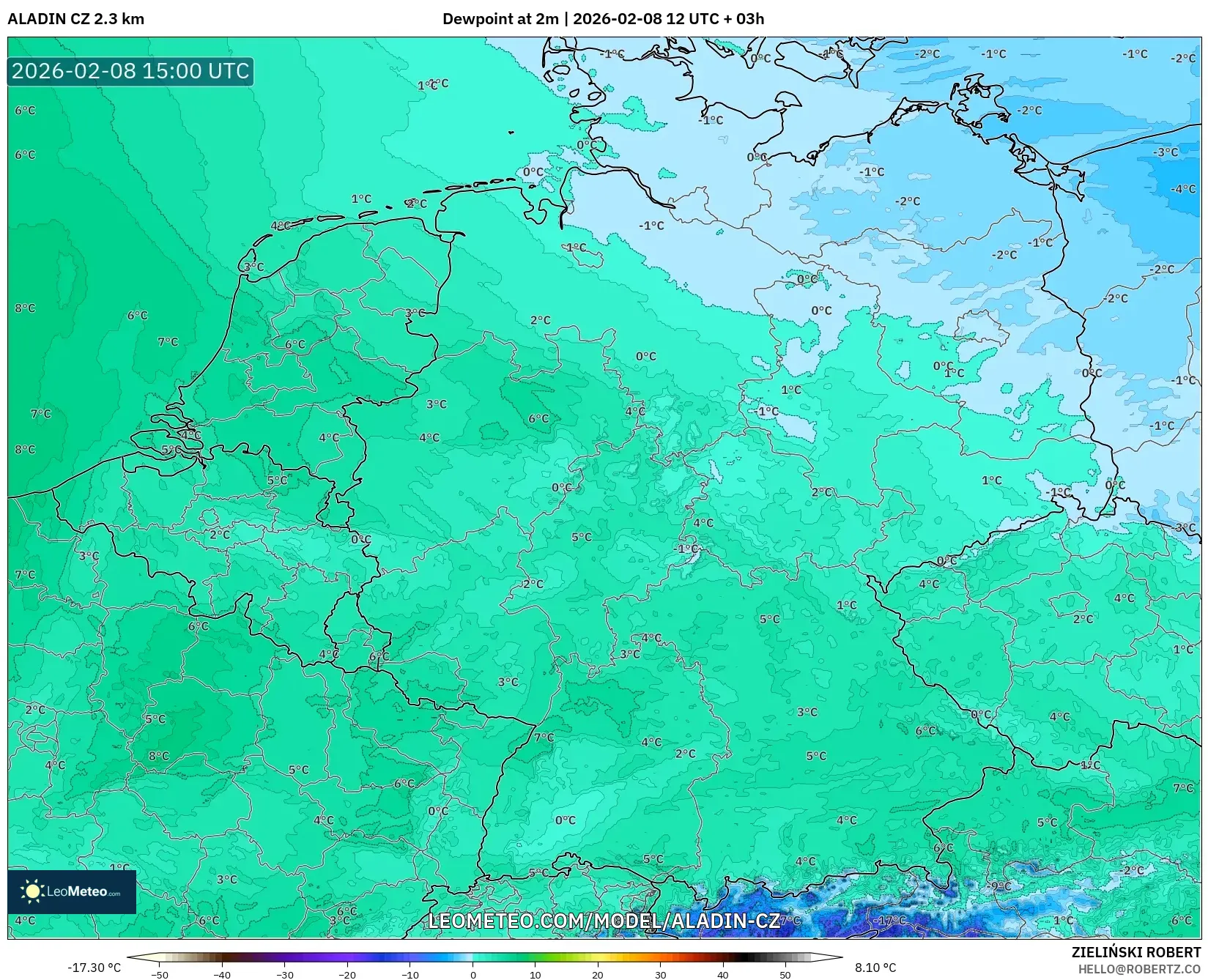 ALADIN CZ 2.3 km model - Germany, Dewpoint at 2m