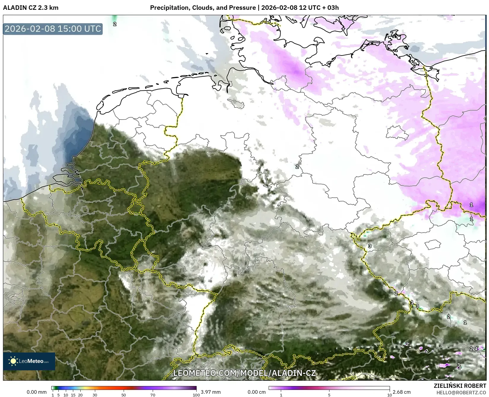 ALADIN CZ 2.3 km model - Germany, Precipitation, Clouds, and Pressure