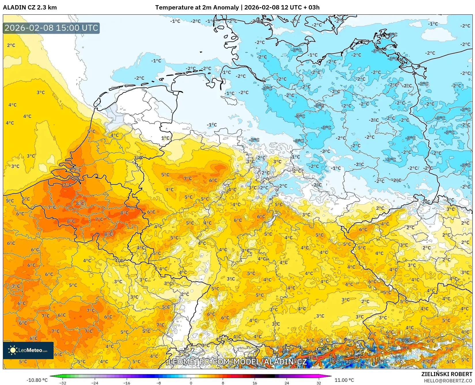 ALADIN CZ 2.3 km model - Jerman, Anomali Suhu 2 m
