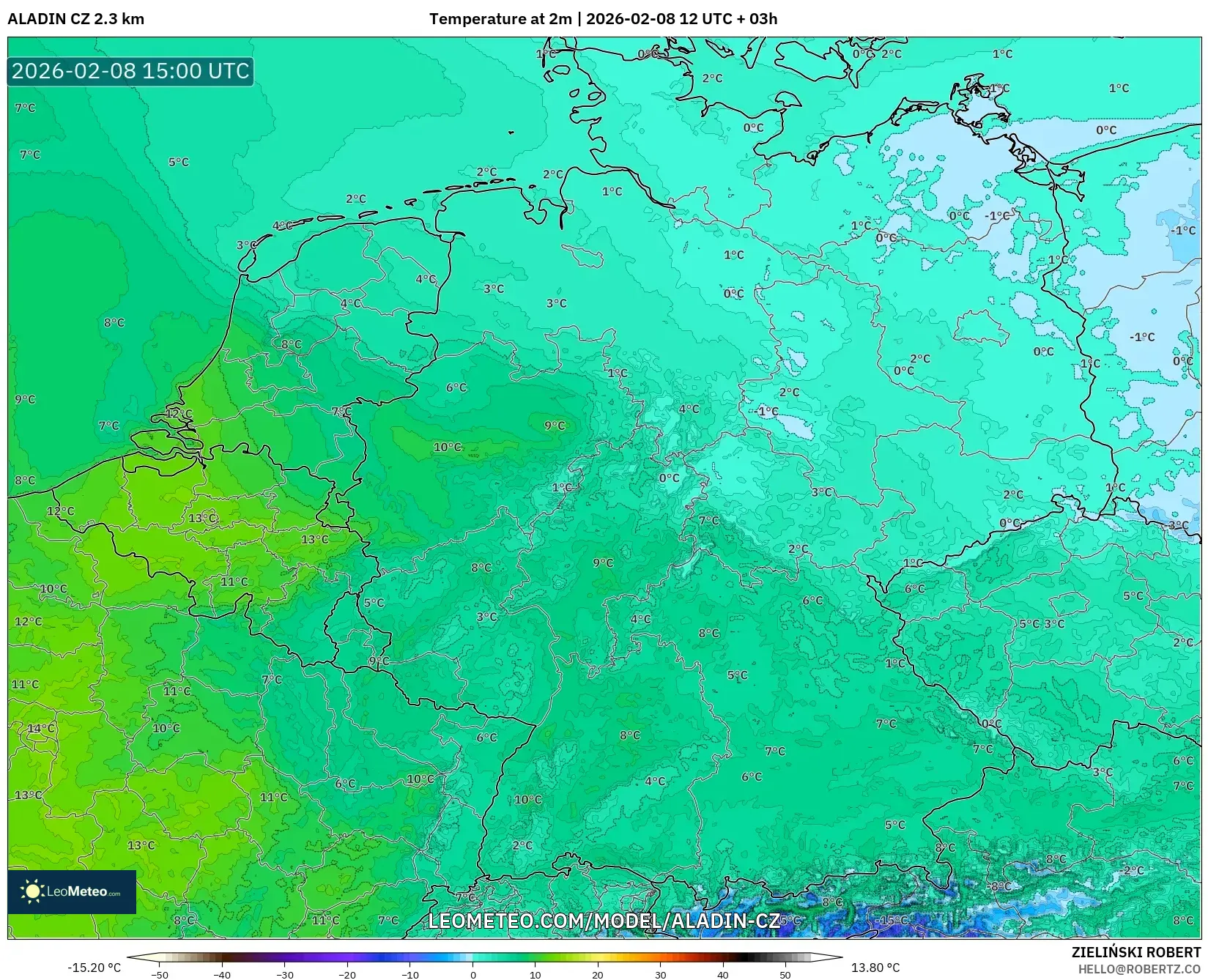 ALADIN CZ 2.3 km model - Germany, Temperature at 2m