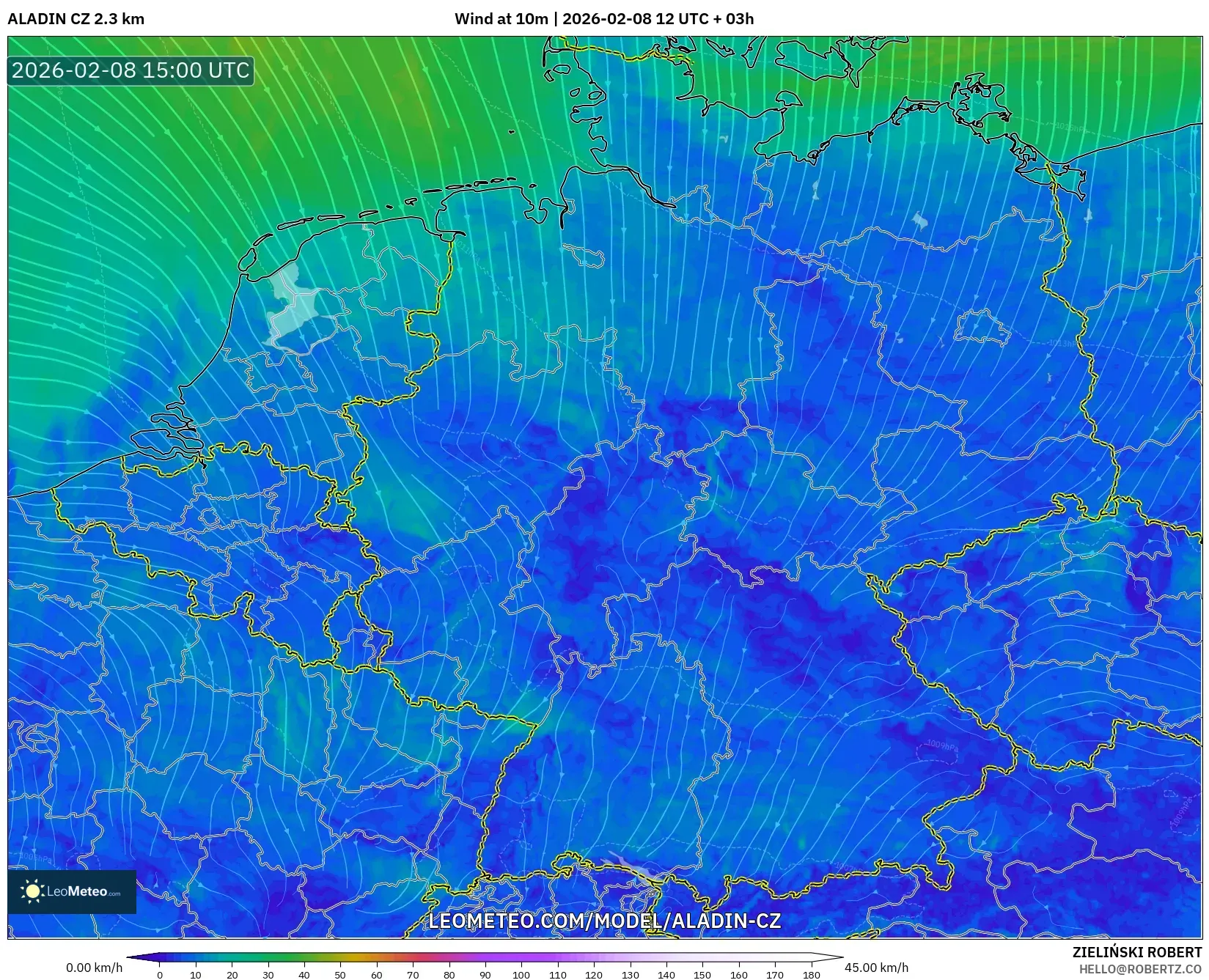 ALADIN CZ 2.3 km model - Germany, Wind at 10m