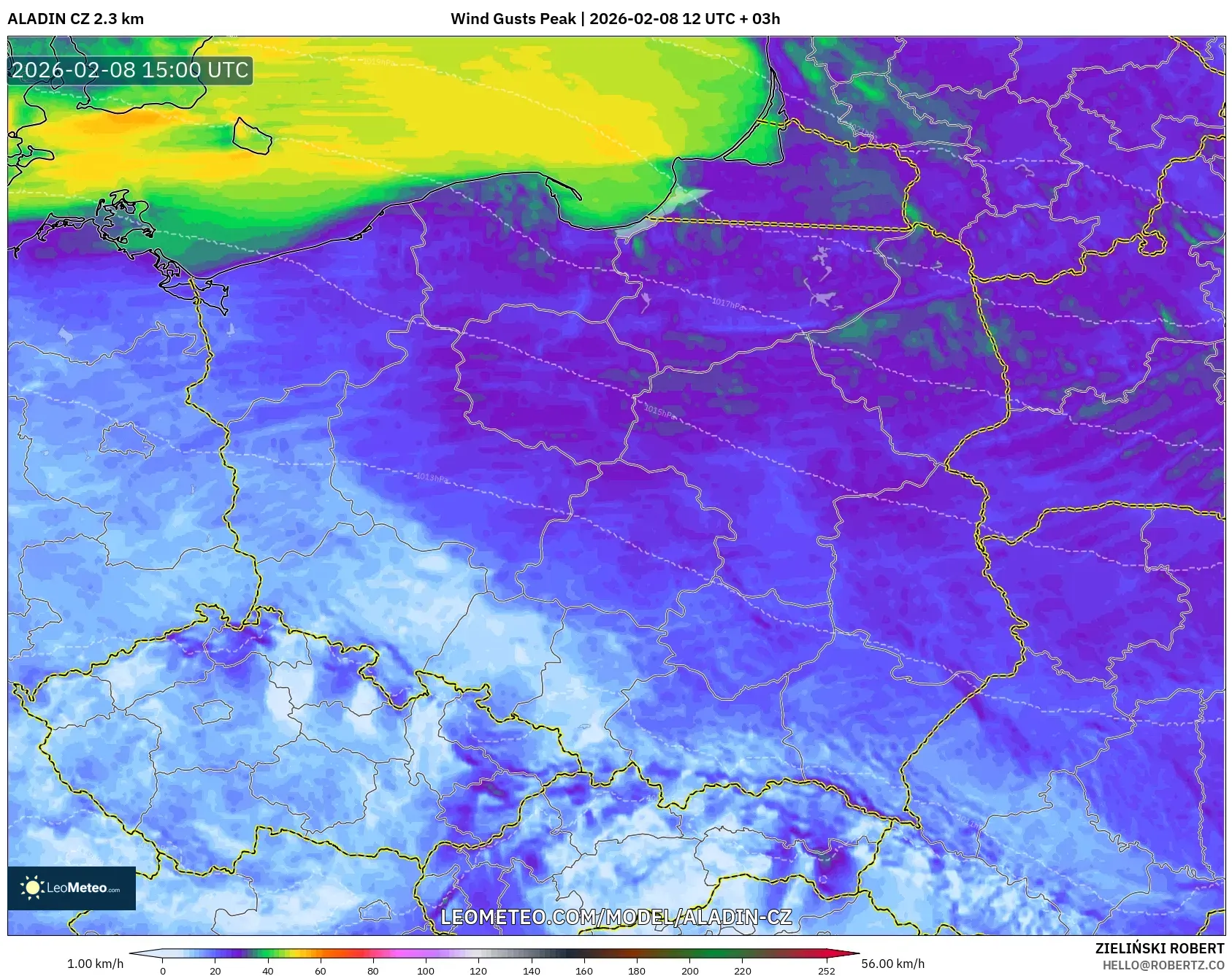 ALADIN CZ 2.3 km model - Poland, Wind Gusts Peak
