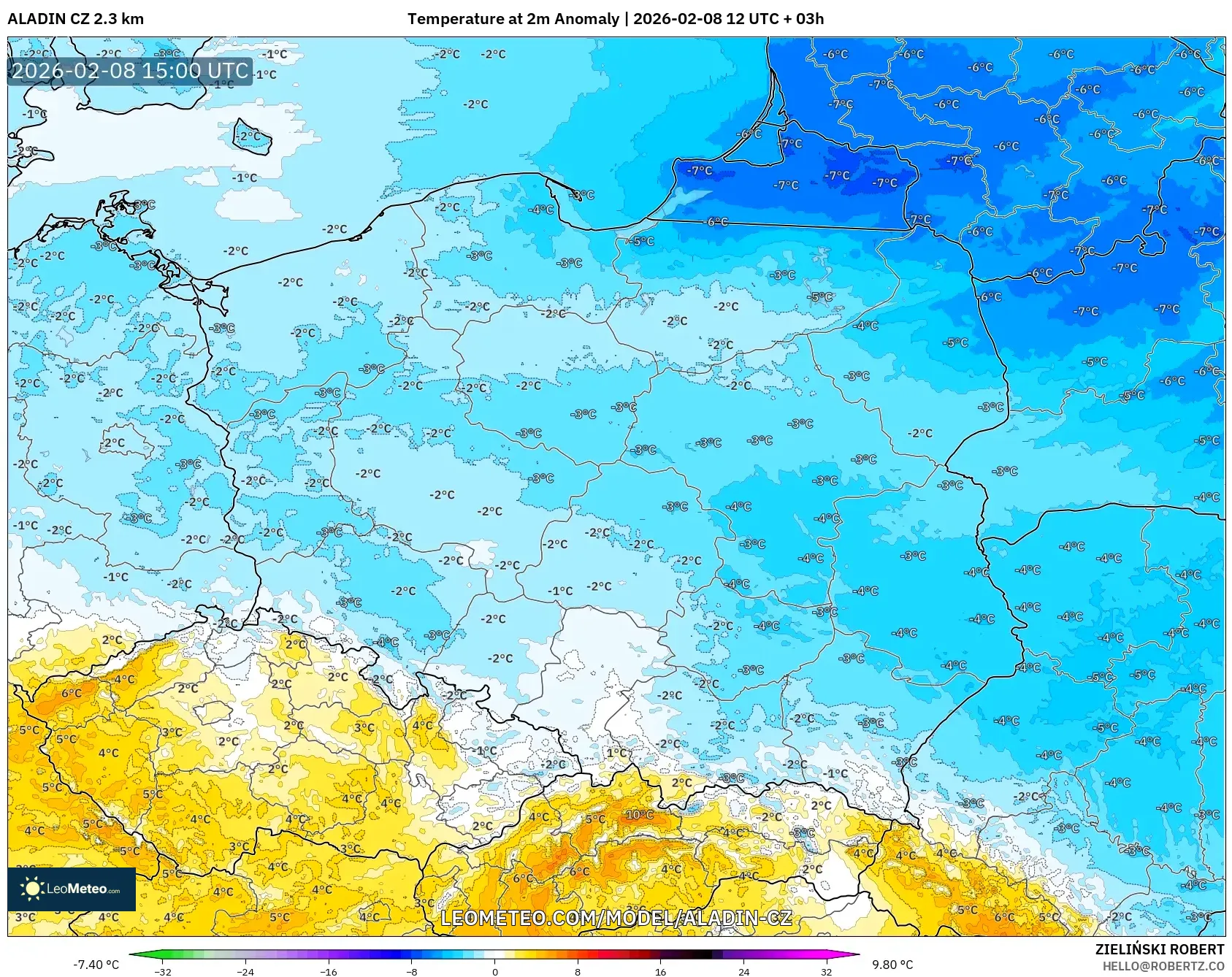 ALADIN CZ 2.3 km model - Poland, Temperature at 2m Anomaly