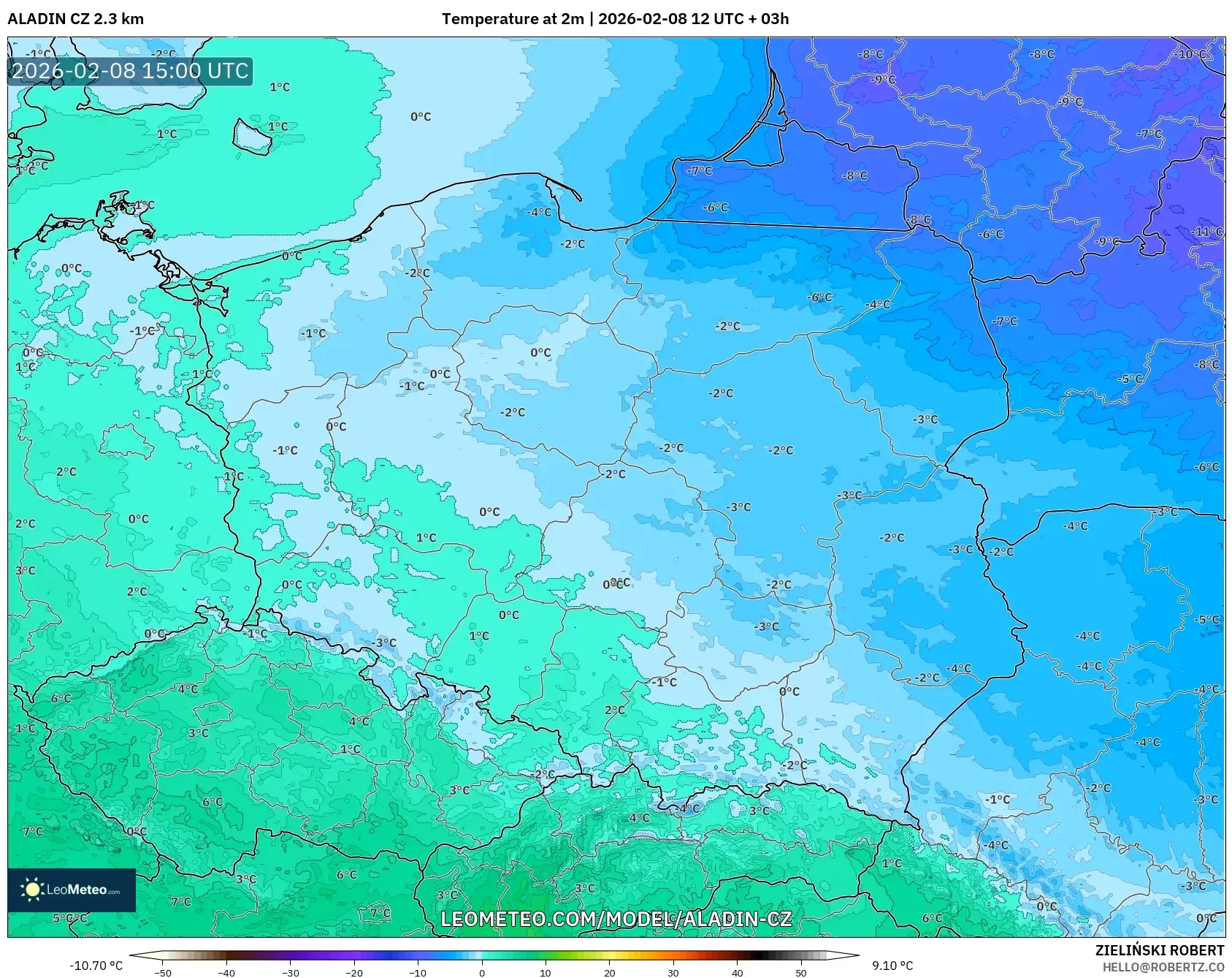 ALADIN CZ 2.3 km model - Poland, Temperature at 2m