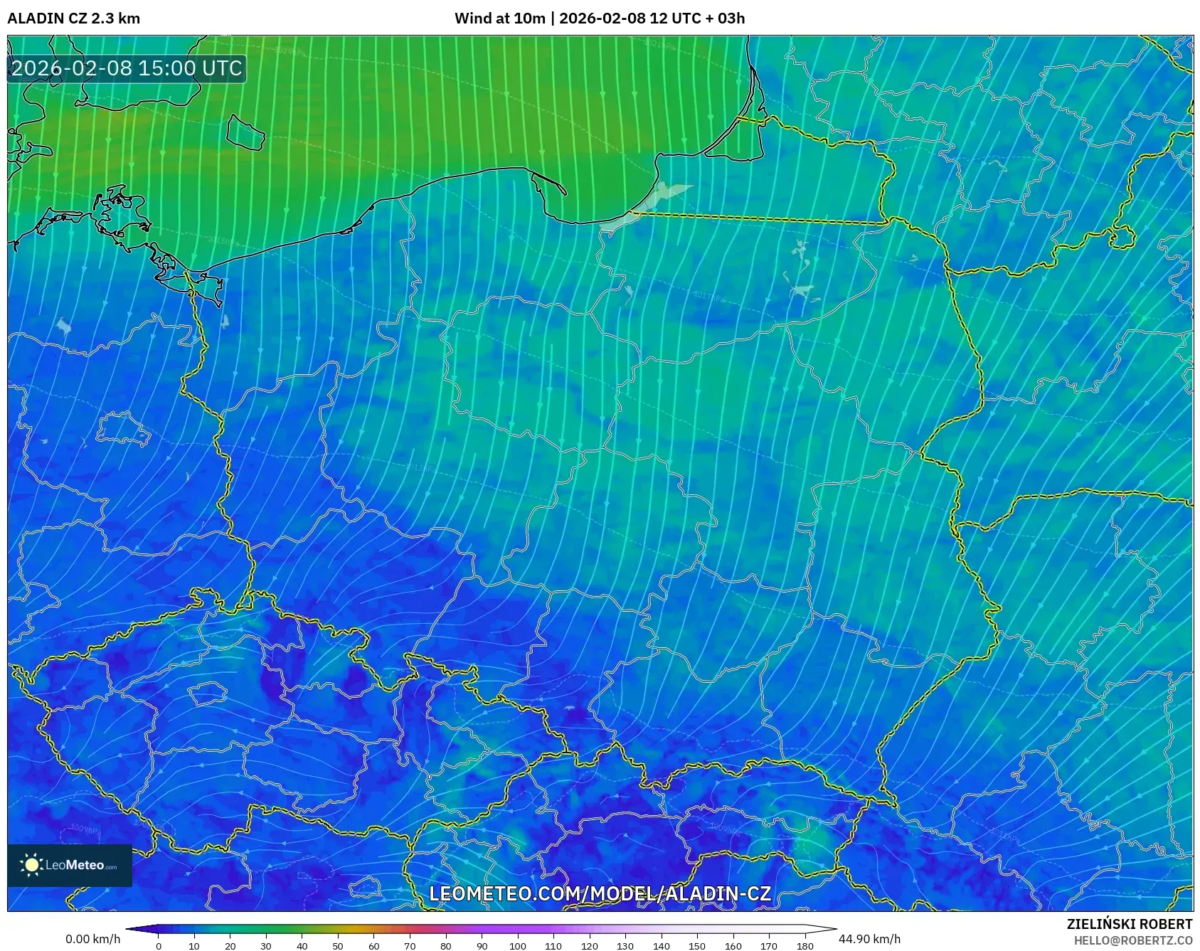 ALADIN CZ 2.3 km model - Poland, Wind at 10m