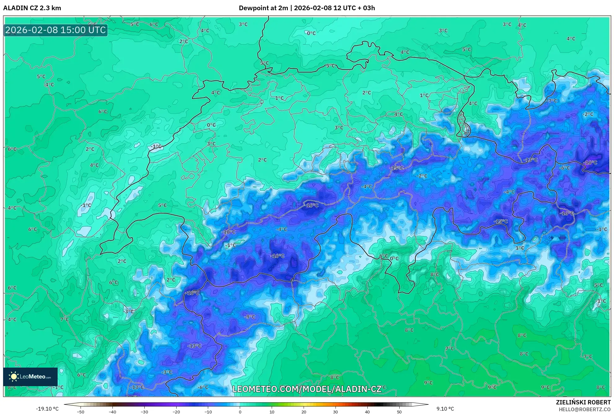 ALADIN CZ 2.3 km model - Switzerland, Dewpoint at 2m