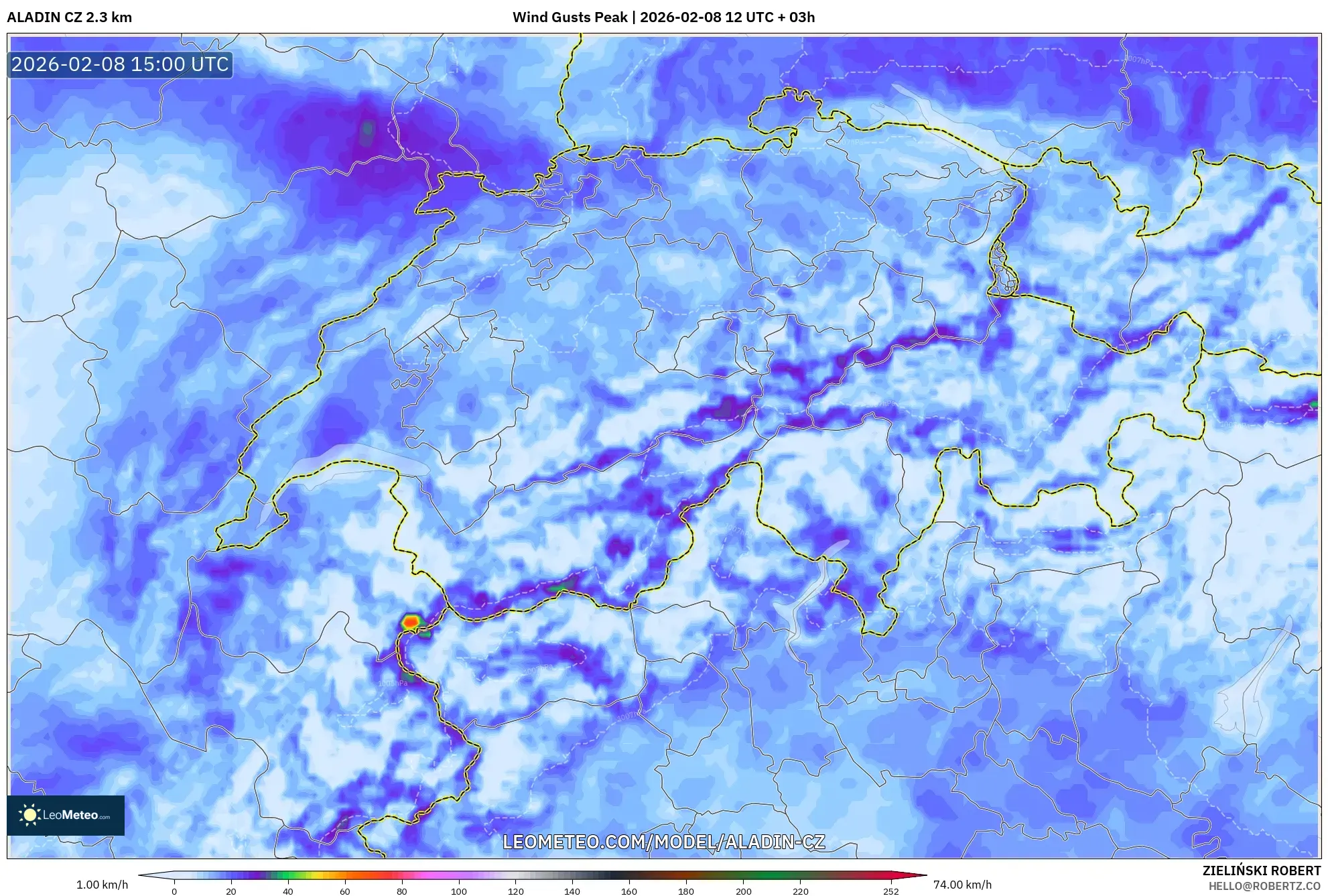 ALADIN CZ 2.3 km model - Switzerland, Wind Gusts Peak