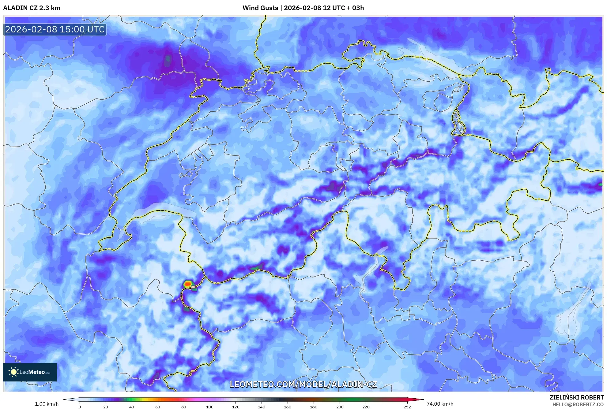 ALADIN CZ 2.3 km model - Switzerland, Wind Gusts