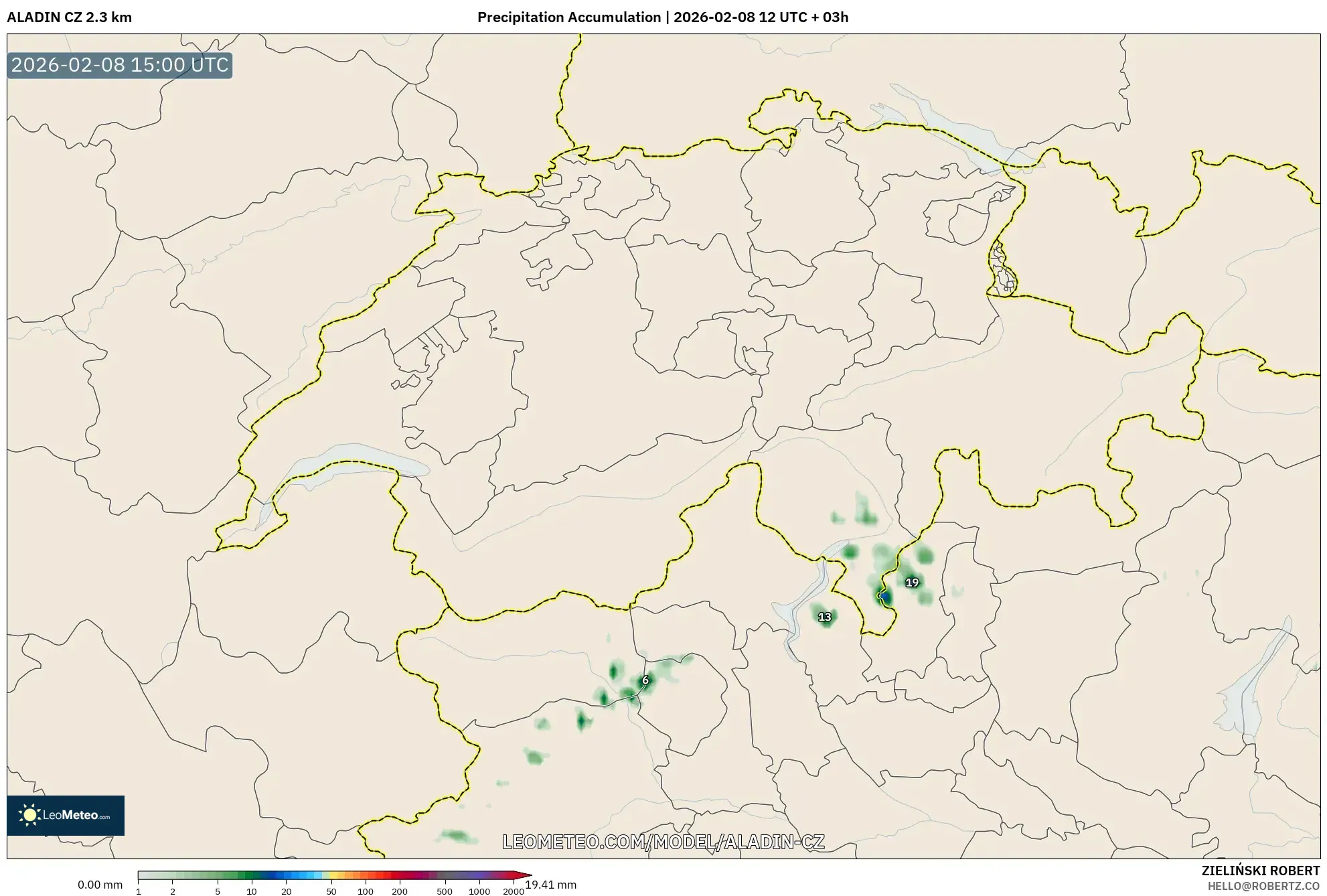 ALADIN CZ 2.3 km model - Switzerland, Precipitation Accumulation