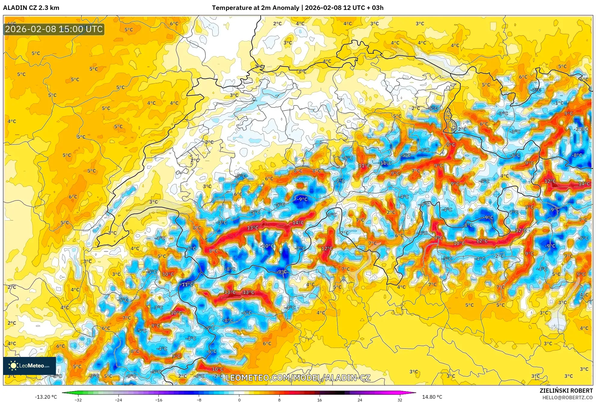 ALADIN CZ 2.3 km model - Switzerland, Temperature at 2m Anomaly