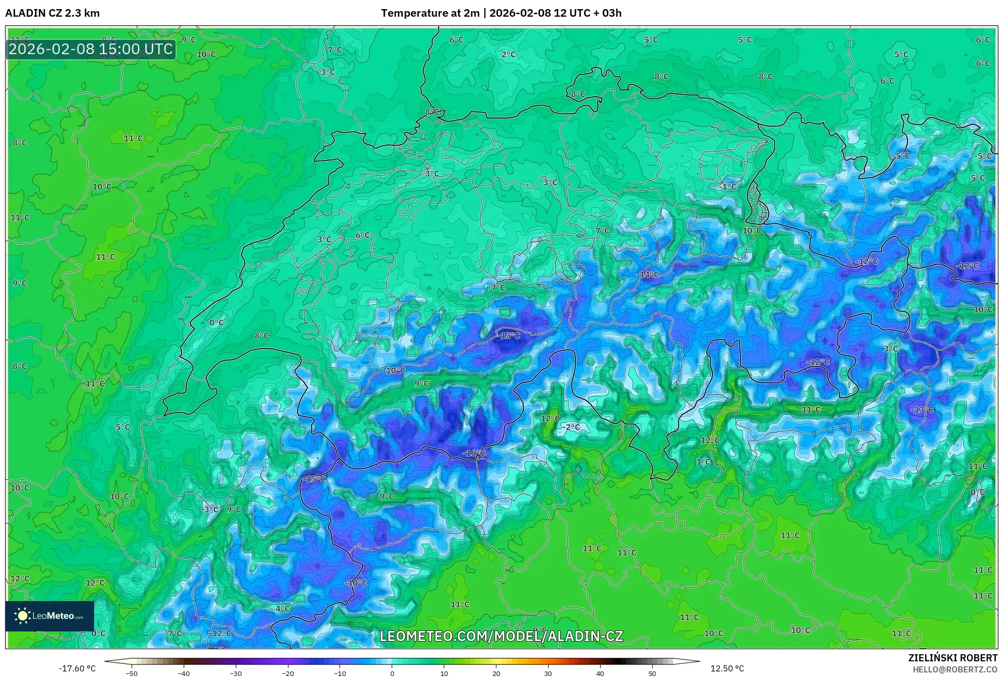 ALADIN CZ 2.3 km model - Switzerland, Temperature at 2m