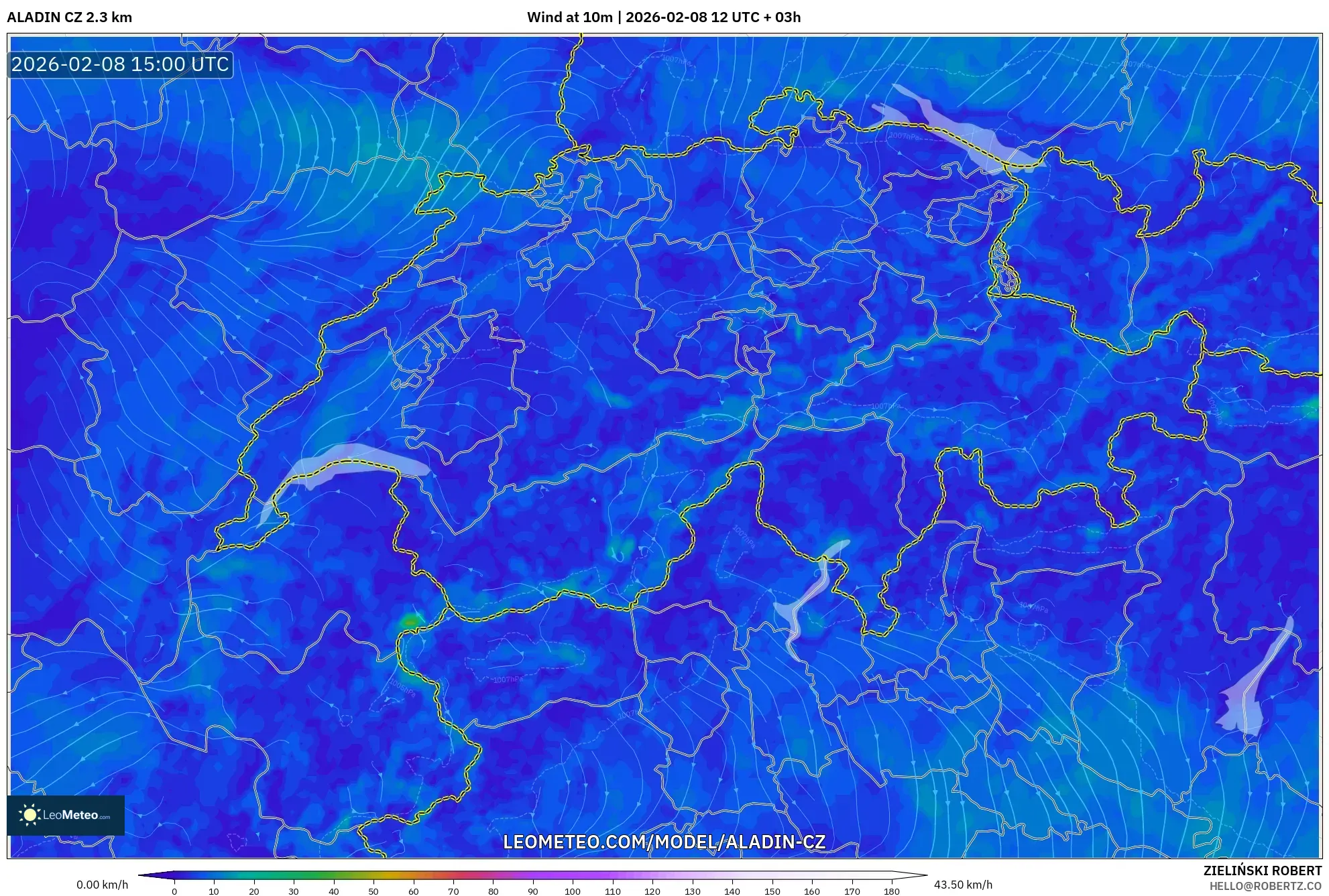 ALADIN CZ 2.3 km model - Switzerland, Wind at 10m