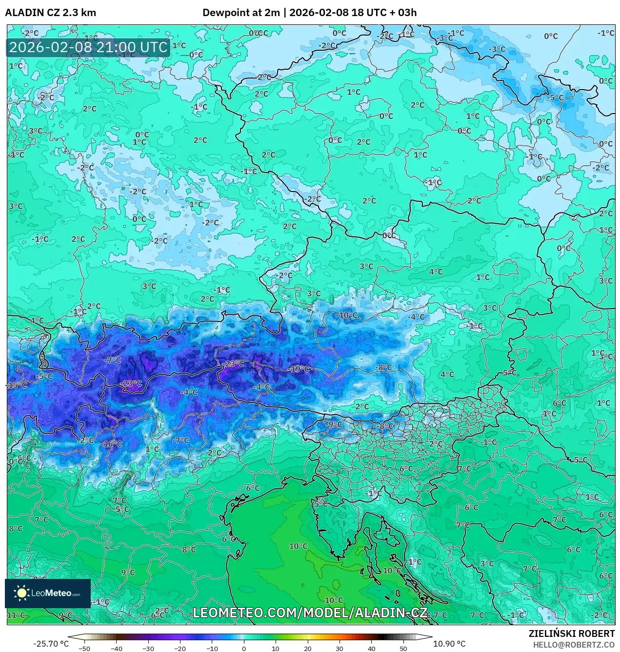 ALADIN CZ 2.3 km model - Austria, Dewpoint at 2m