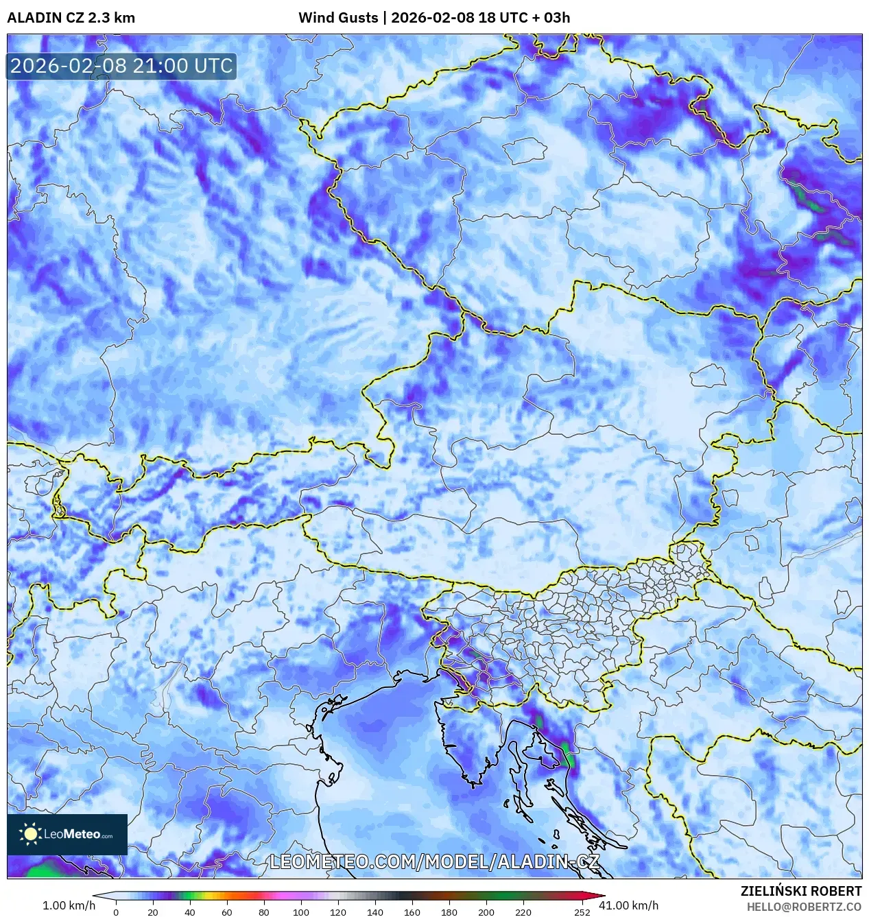 ALADIN CZ 2.3 km model - Austria, Wind Gusts