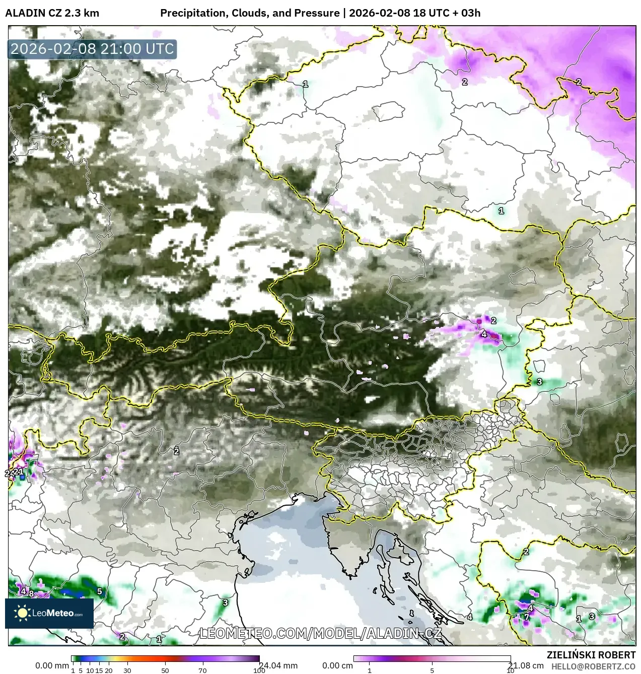 ALADIN CZ 2.3 km model - Austria, Hujan, Awan dan Tekanan