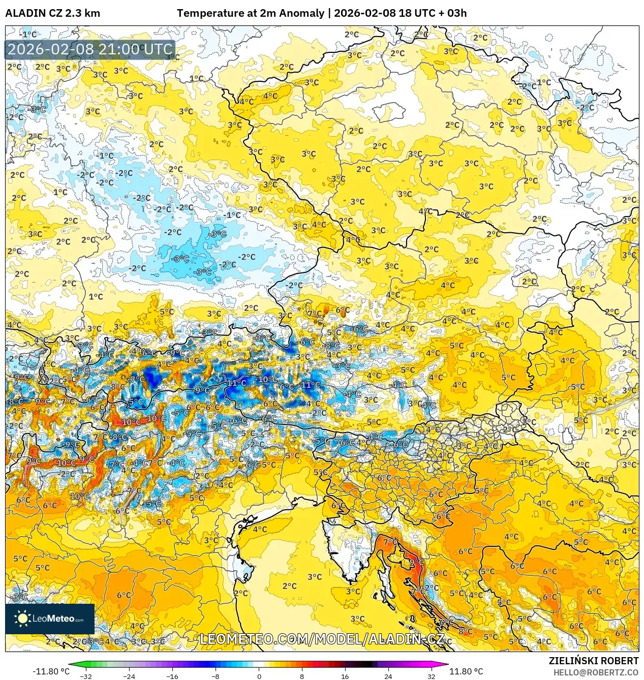 ALADIN CZ 2.3 km model - Austria, Temperature at 2m Anomaly