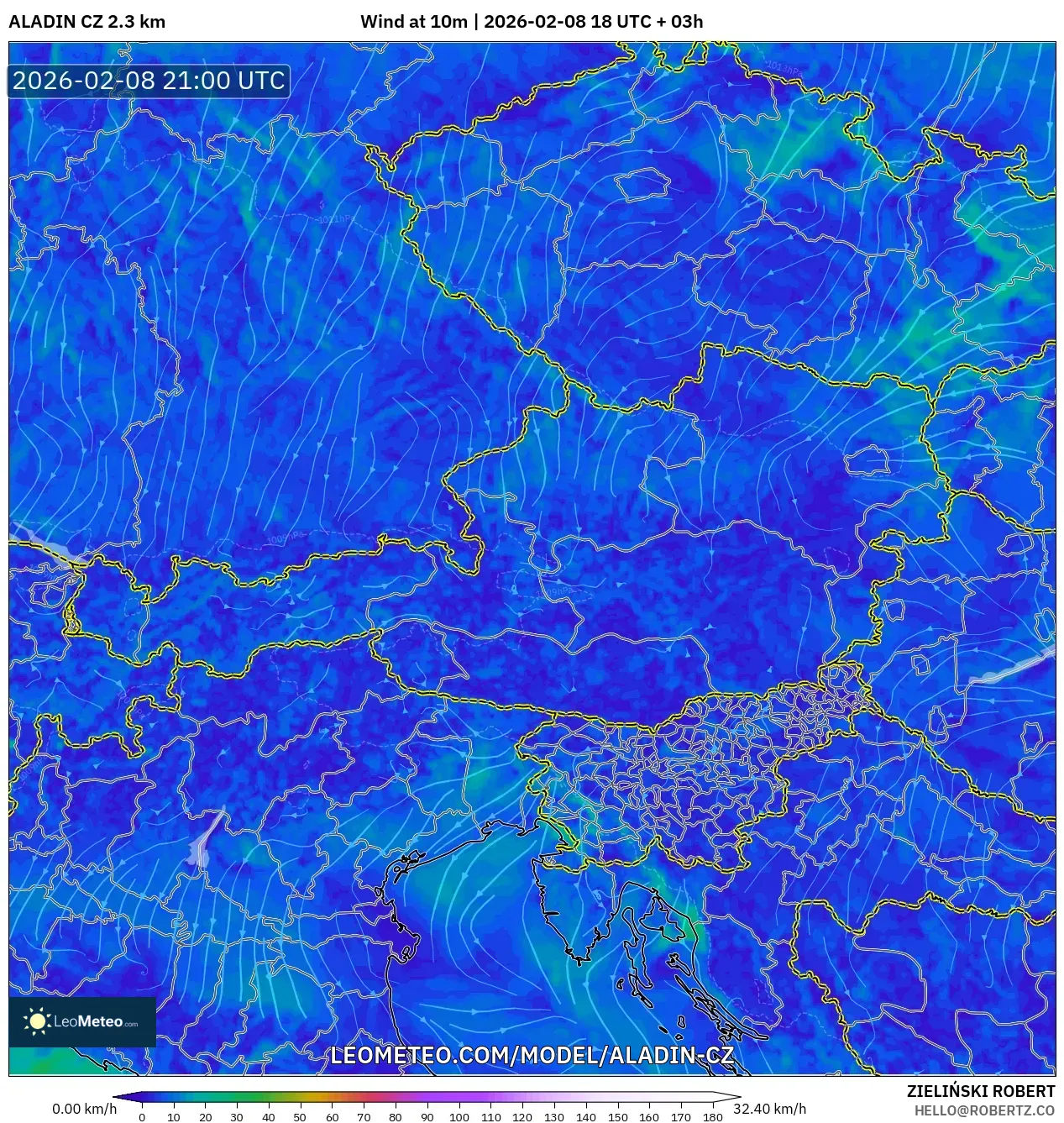 ALADIN CZ 2.3 km model - Austria, Wind at 10m