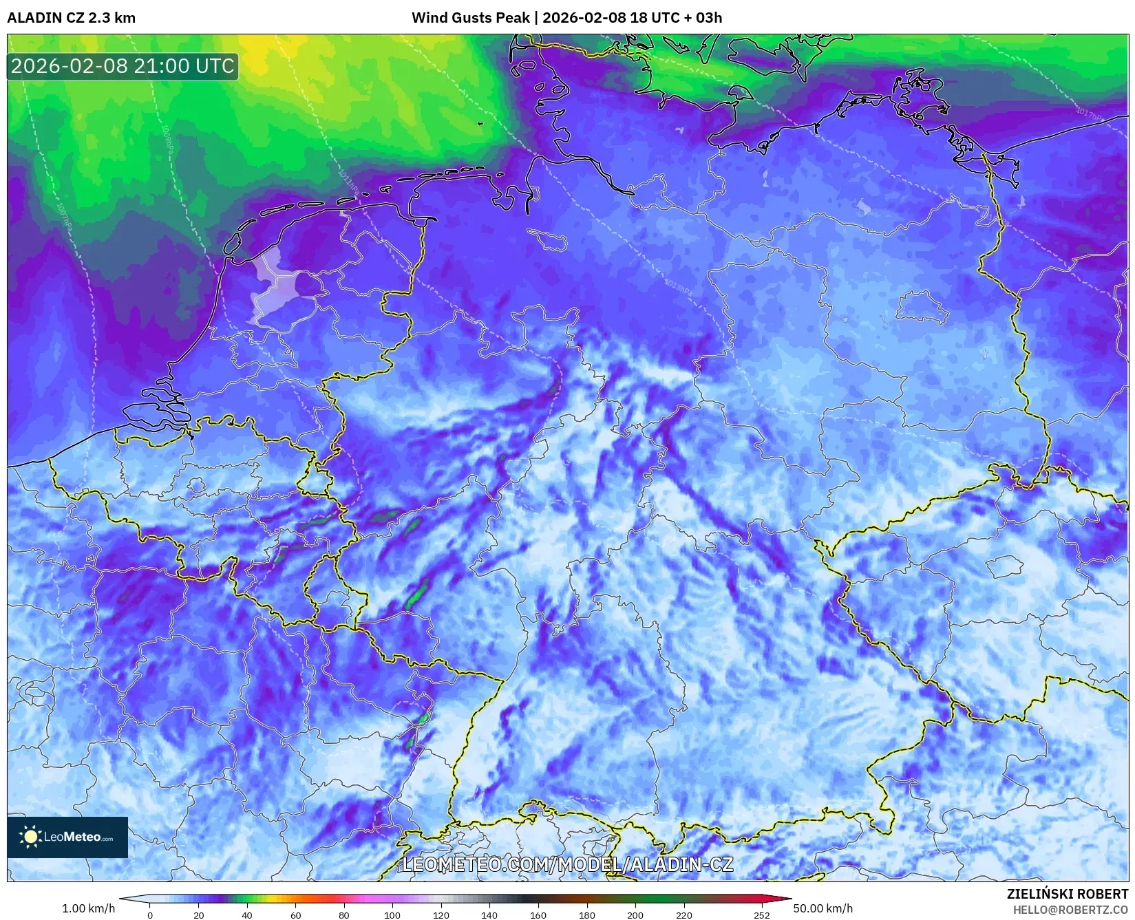 ALADIN CZ 2.3 km model - Germany, Wind Gusts Peak