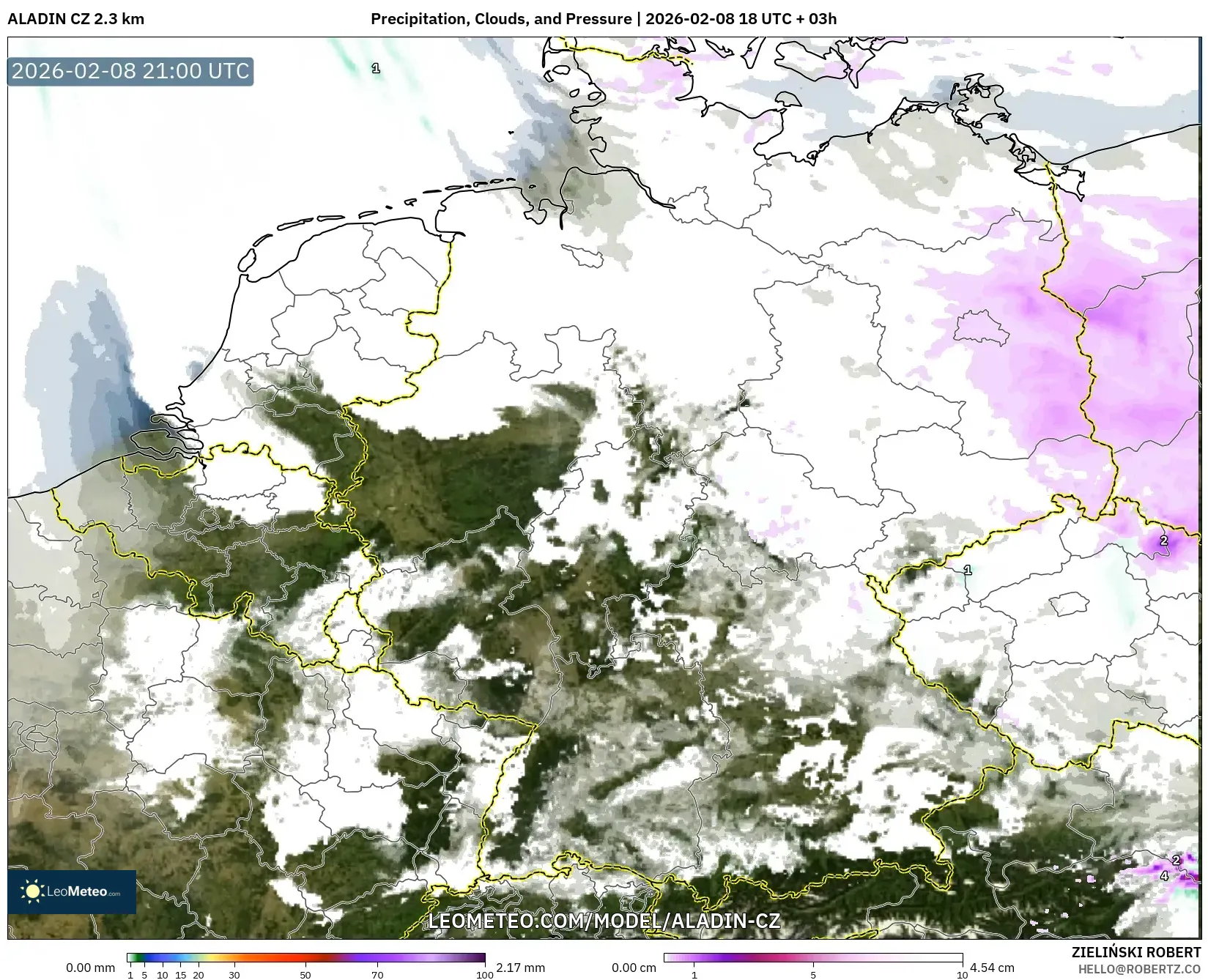 ALADIN CZ 2.3 km model - Jerman, Hujan, Awan dan Tekanan