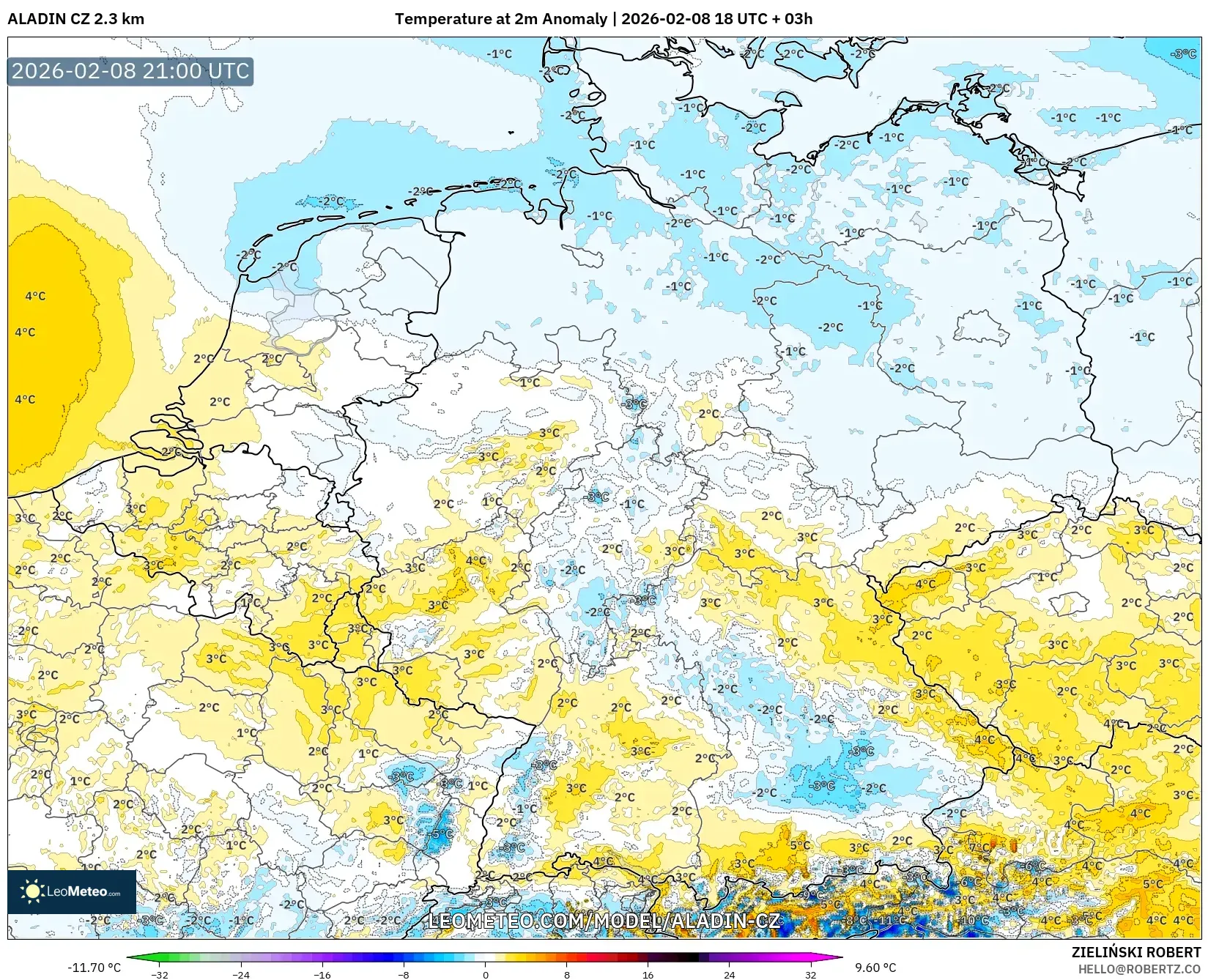 ALADIN CZ 2.3 km model - Germany, Temperature at 2m Anomaly