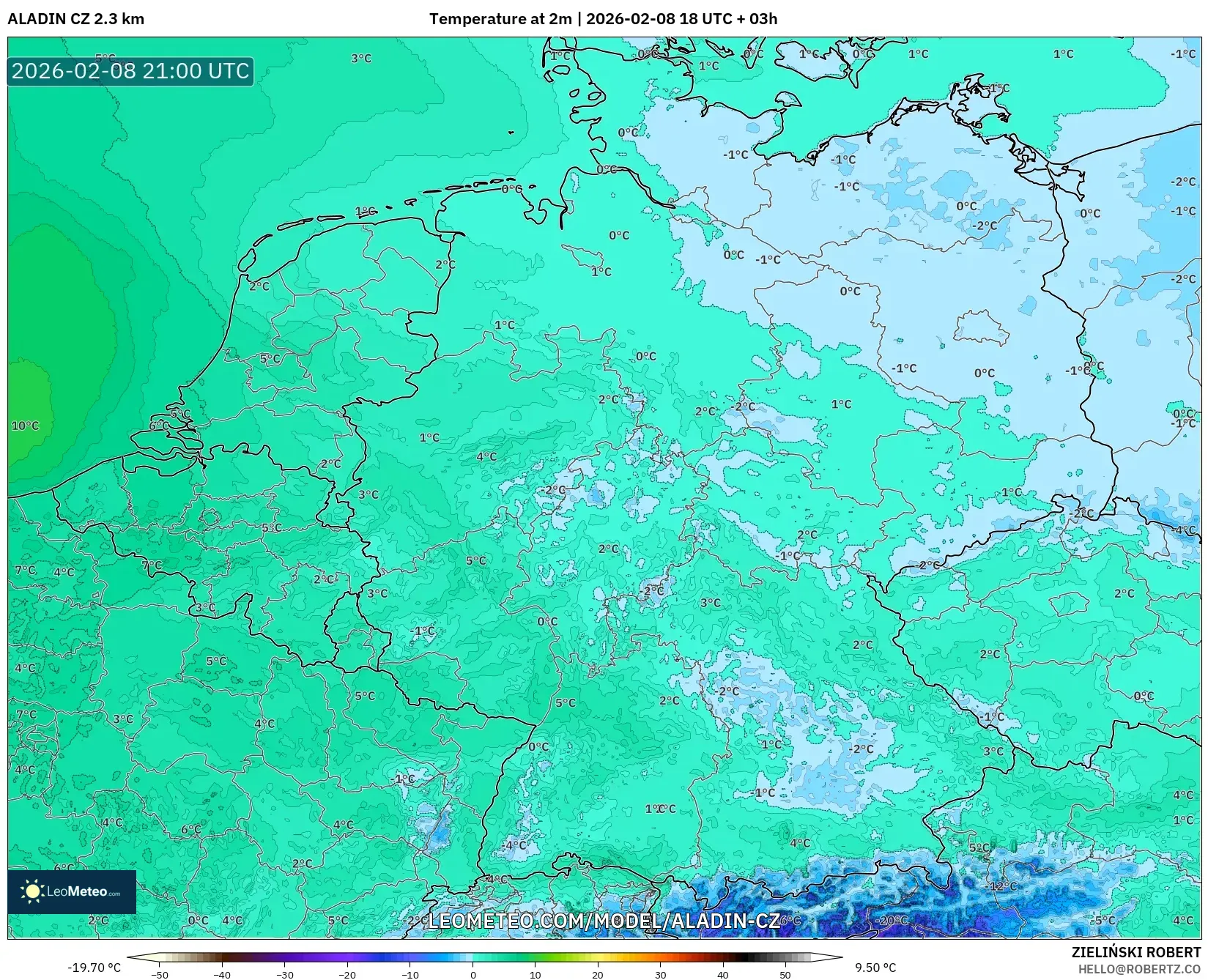 ALADIN CZ 2.3 km model - Germany, Temperature at 2m