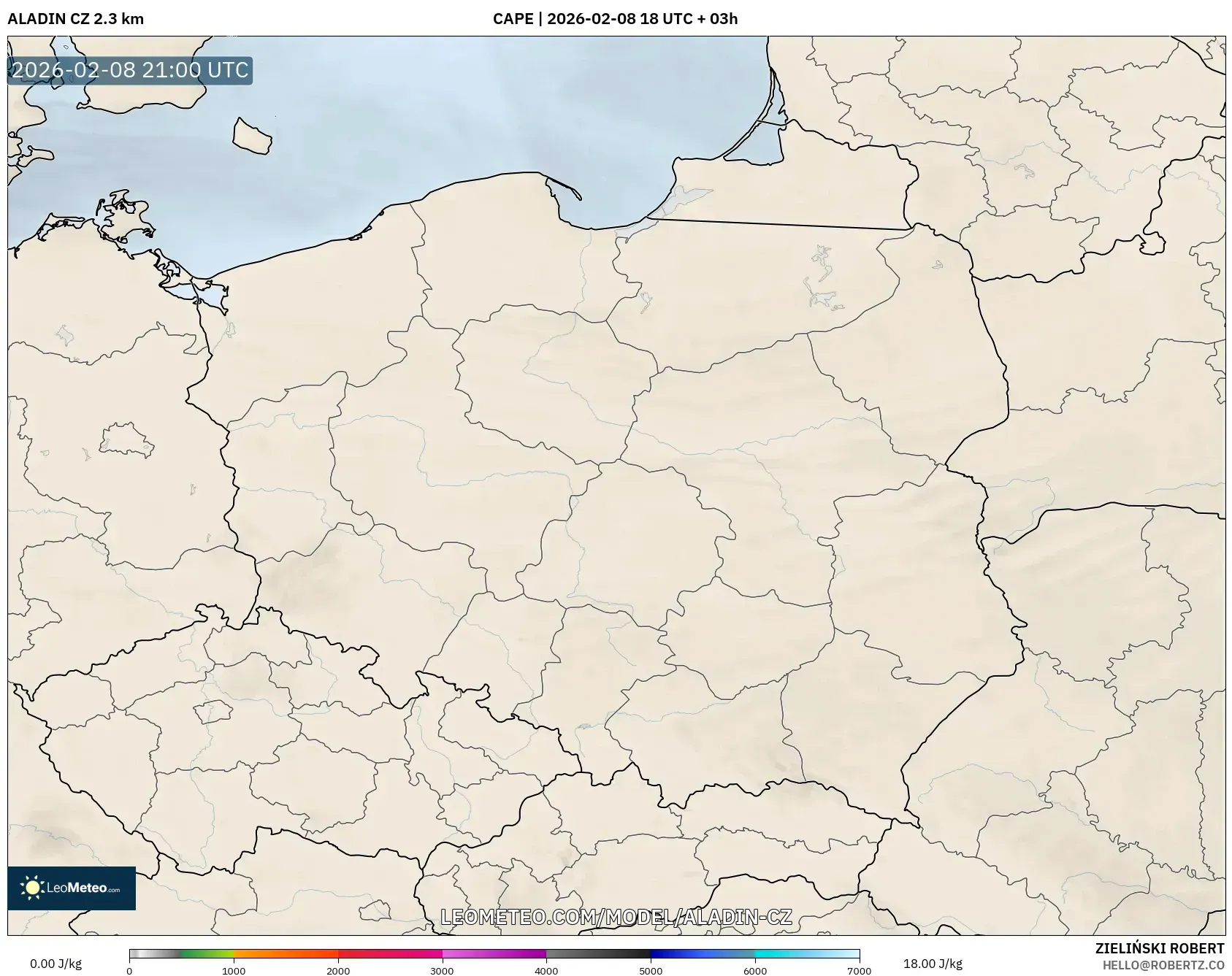 ALADIN CZ 2.3 km model - Poland, CAPE