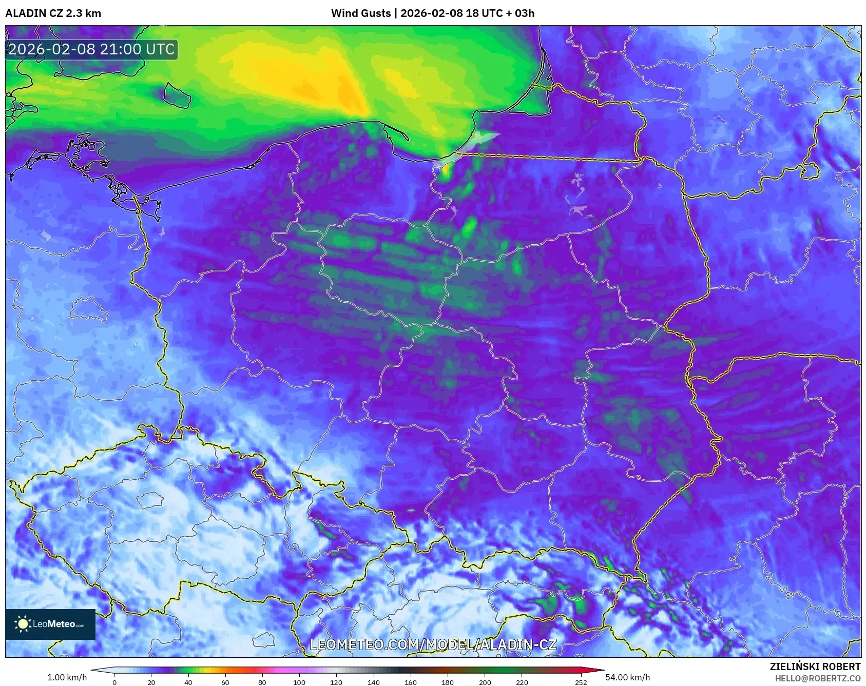 ALADIN CZ 2.3 km model - Poland, Hembusan Angin
