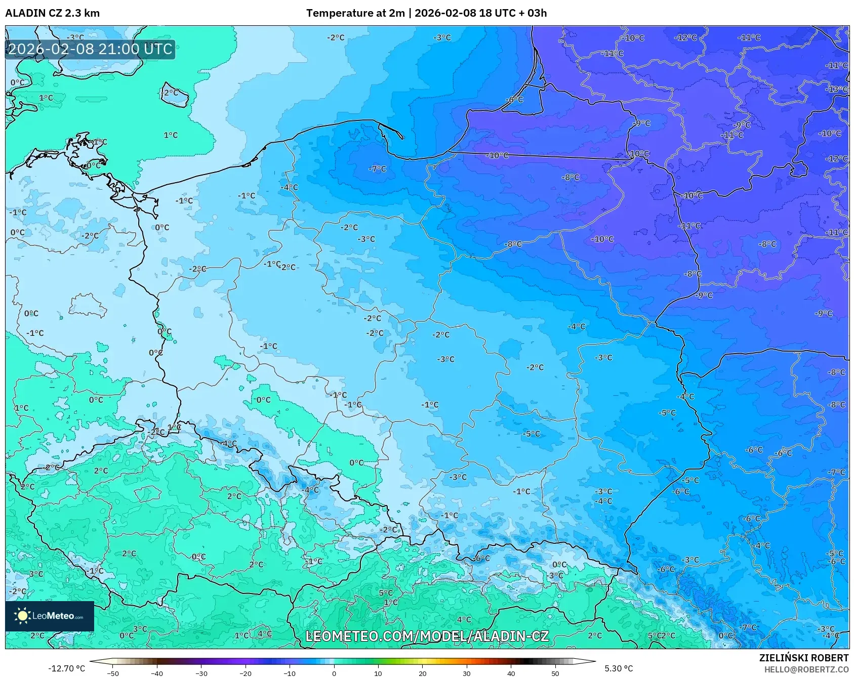 ALADIN CZ 2.3 km model - Poland, Suhu pada 2 m