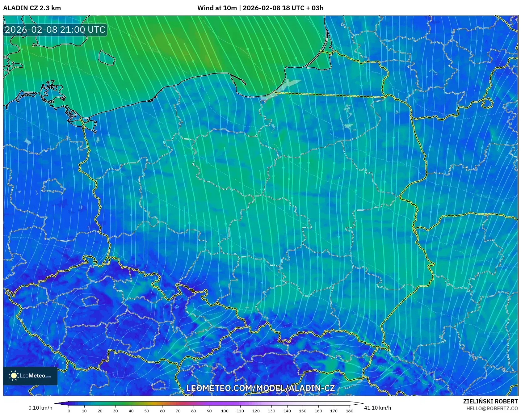 ALADIN CZ 2.3 km model - Poland, Angin 10 m