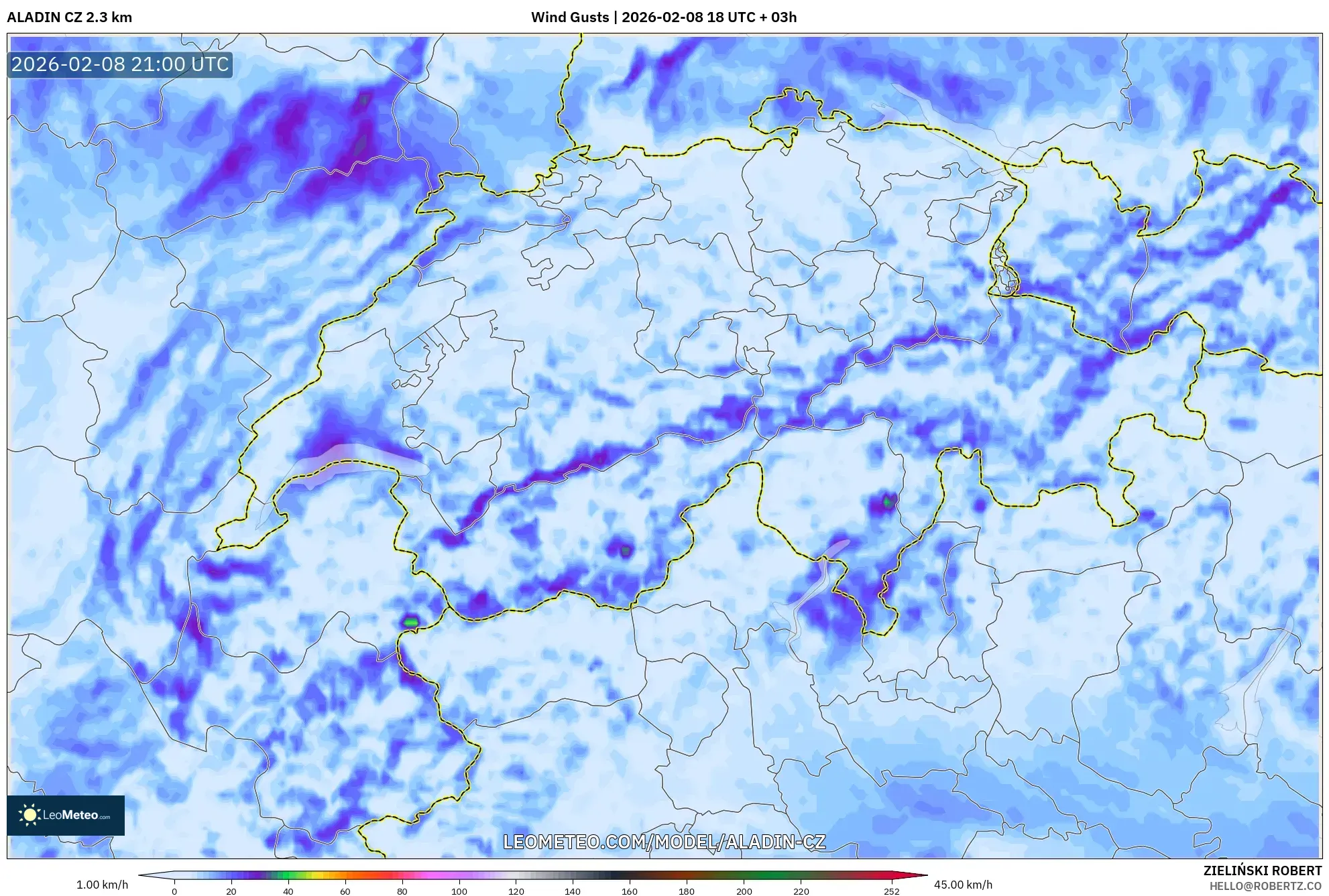 ALADIN CZ 2.3 km model - Switzerland, Wind Gusts