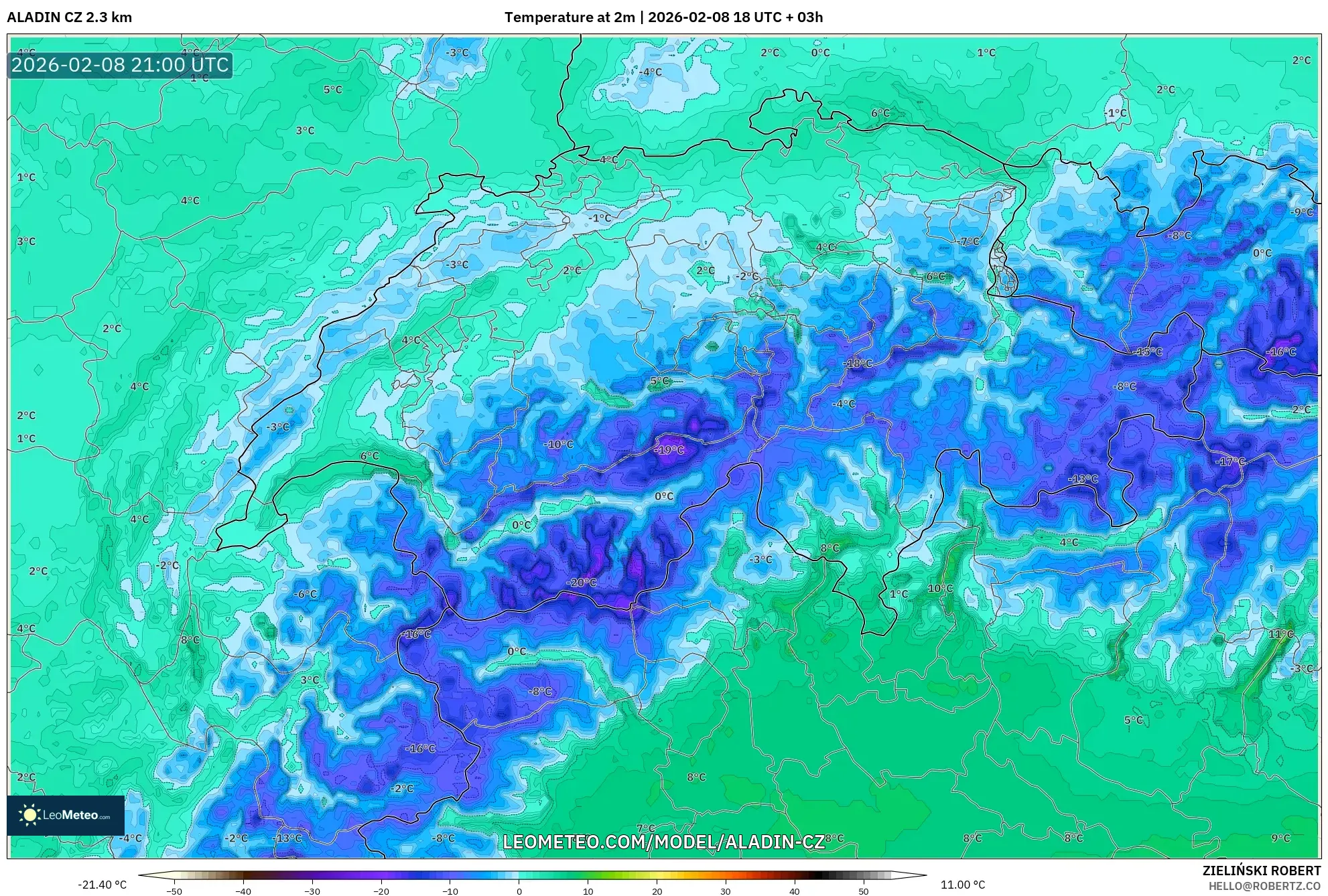ALADIN CZ 2.3 km model - Switzerland, Temperature at 2m