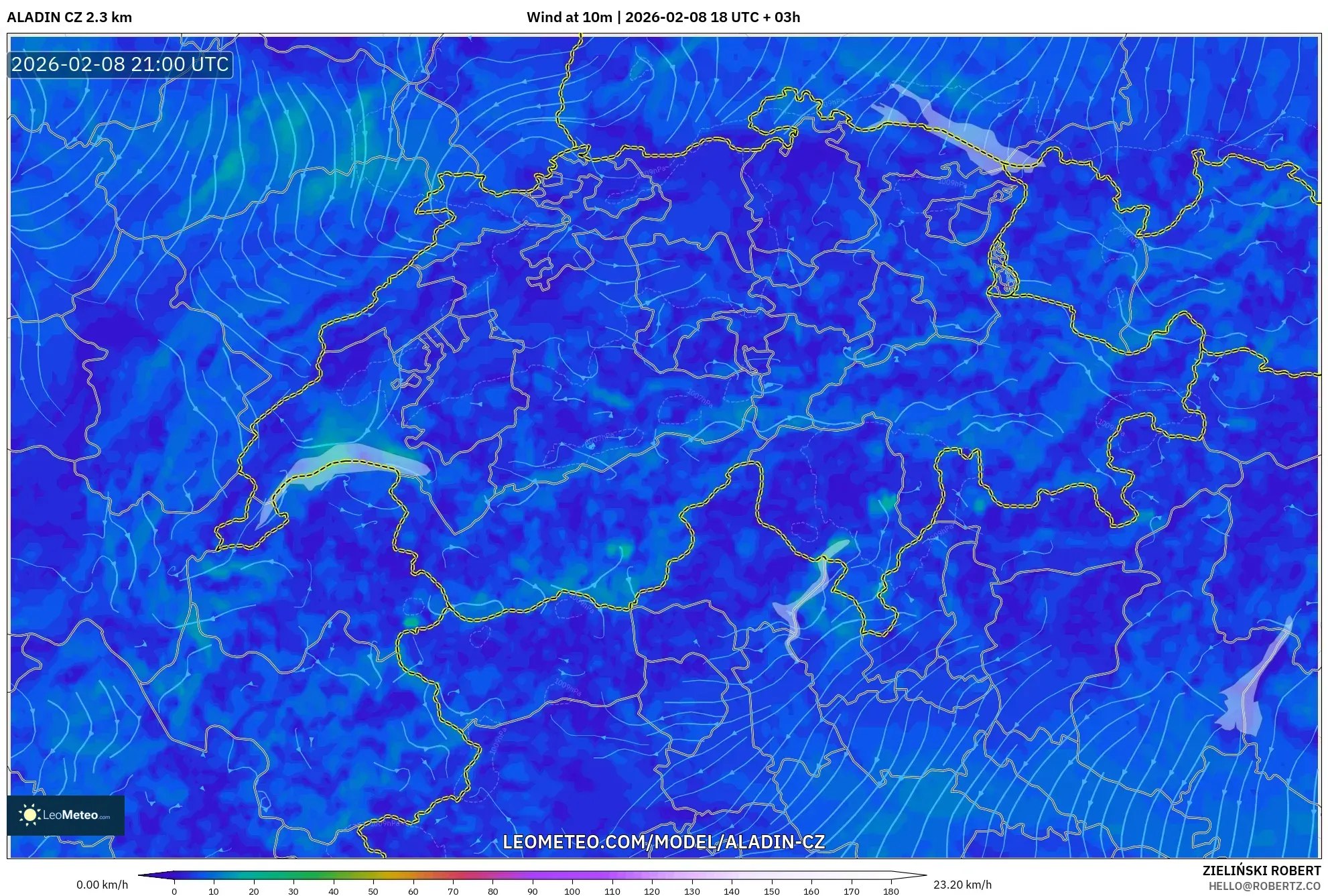 ALADIN CZ 2.3 km model - Switzerland, Wind at 10m