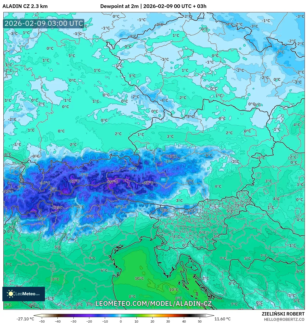ALADIN CZ 2.3 km model - Austria, Takat Embun 2 m